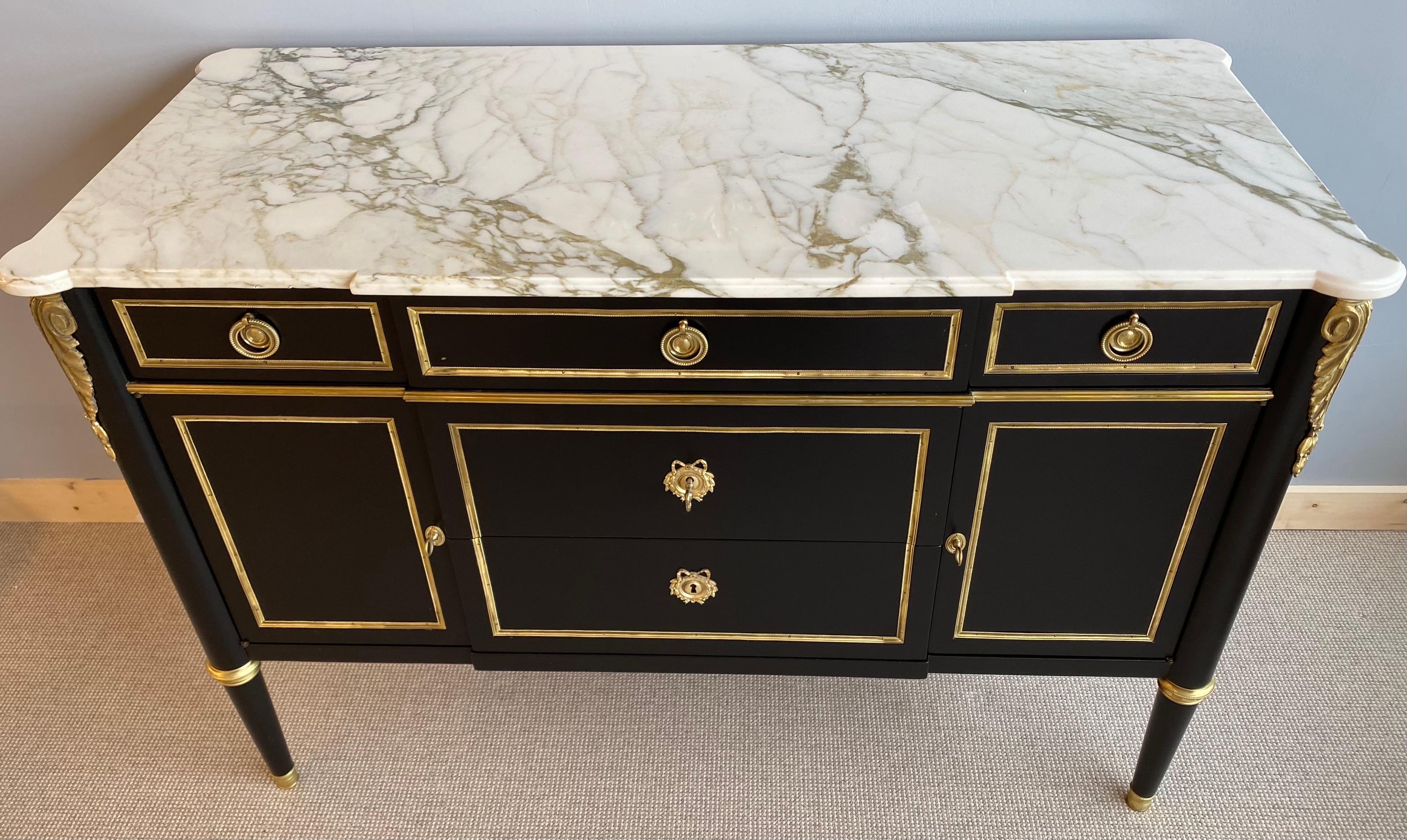 French Maison Jansen Marble Top Commode with Bronze Mounts, Hollywood Regency Era