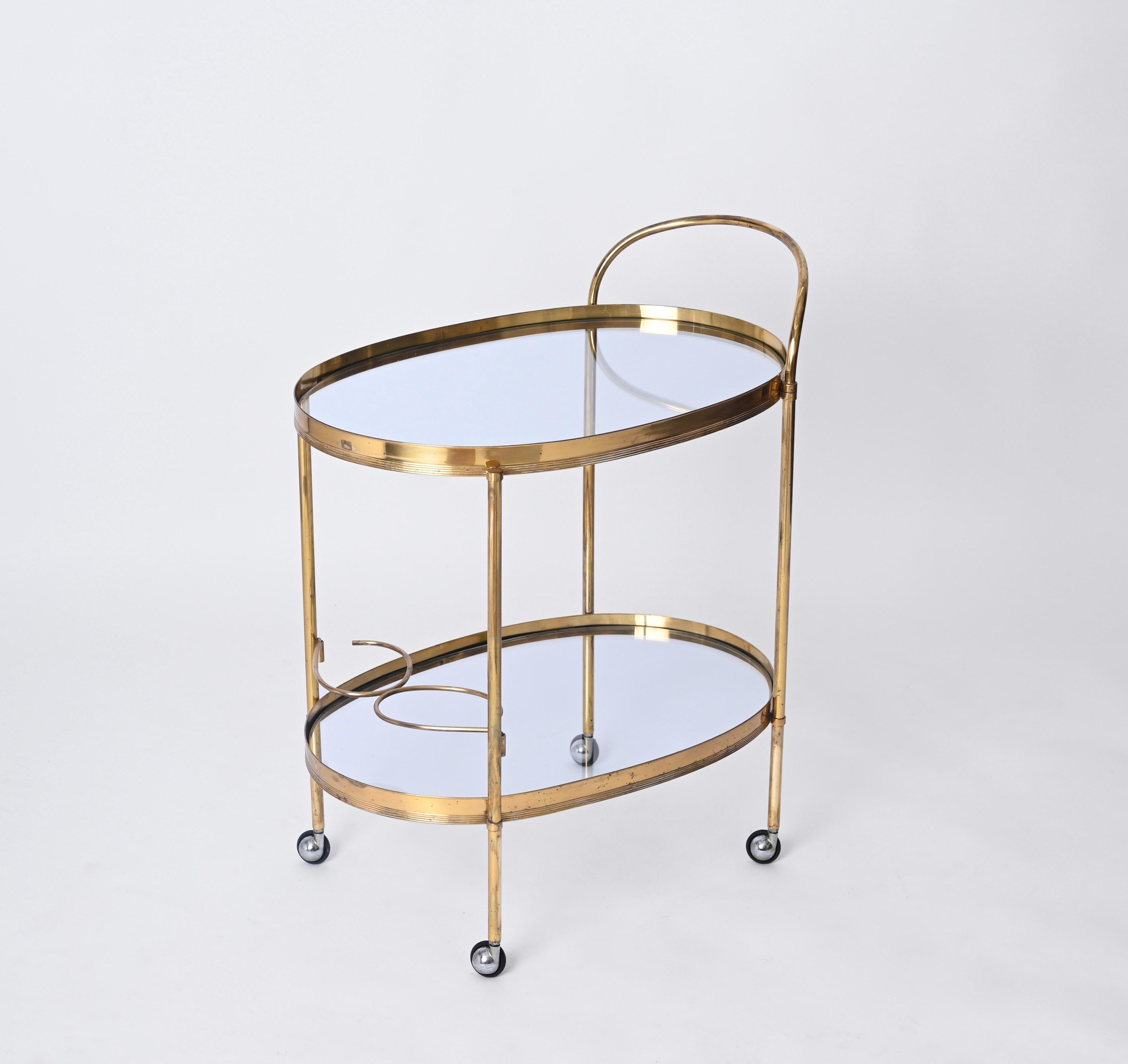 Maison Jansen Mid-Century Brass and Glass Italian Oval Bar Cart, 1970s 12
