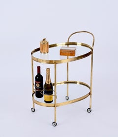 Maison Jansen Mid-Century Brass and Glass Italian Oval Bar Cart, 1970s