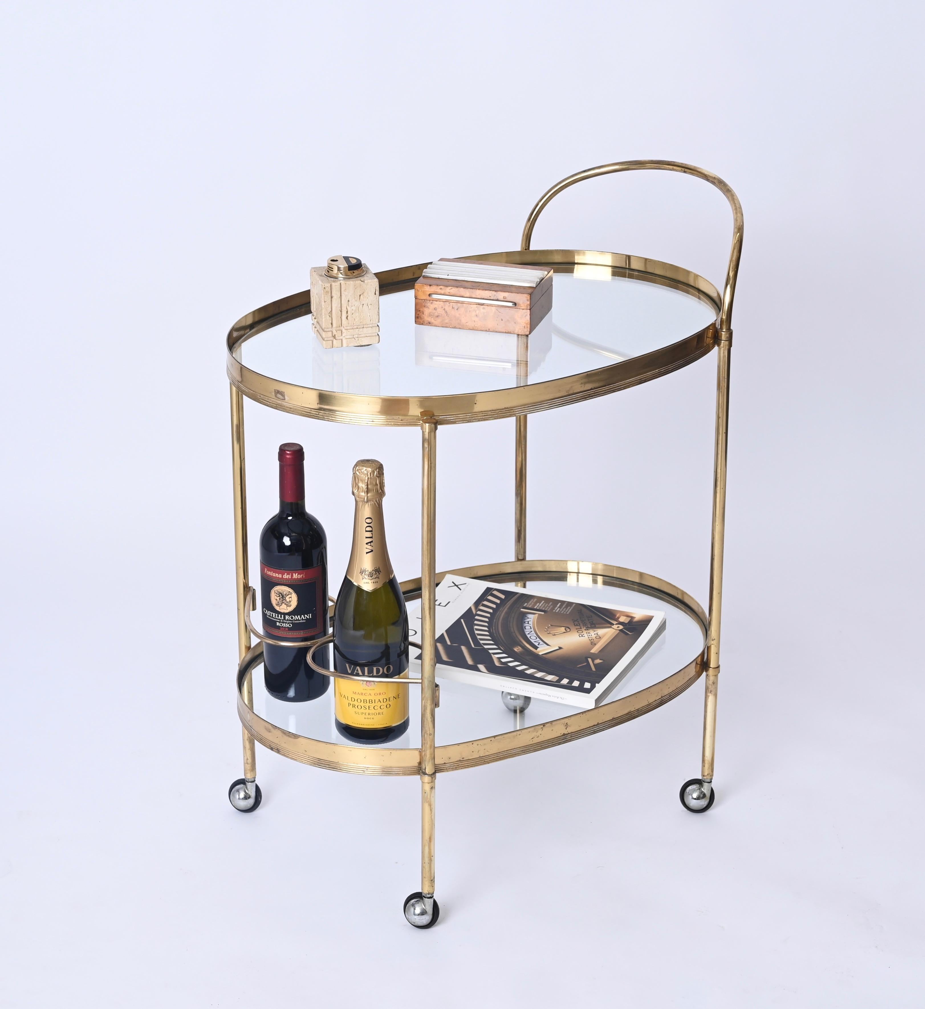 Maison Jansen Mid-Century Brass and Glass Italian Oval Bar Cart, 1970s 1