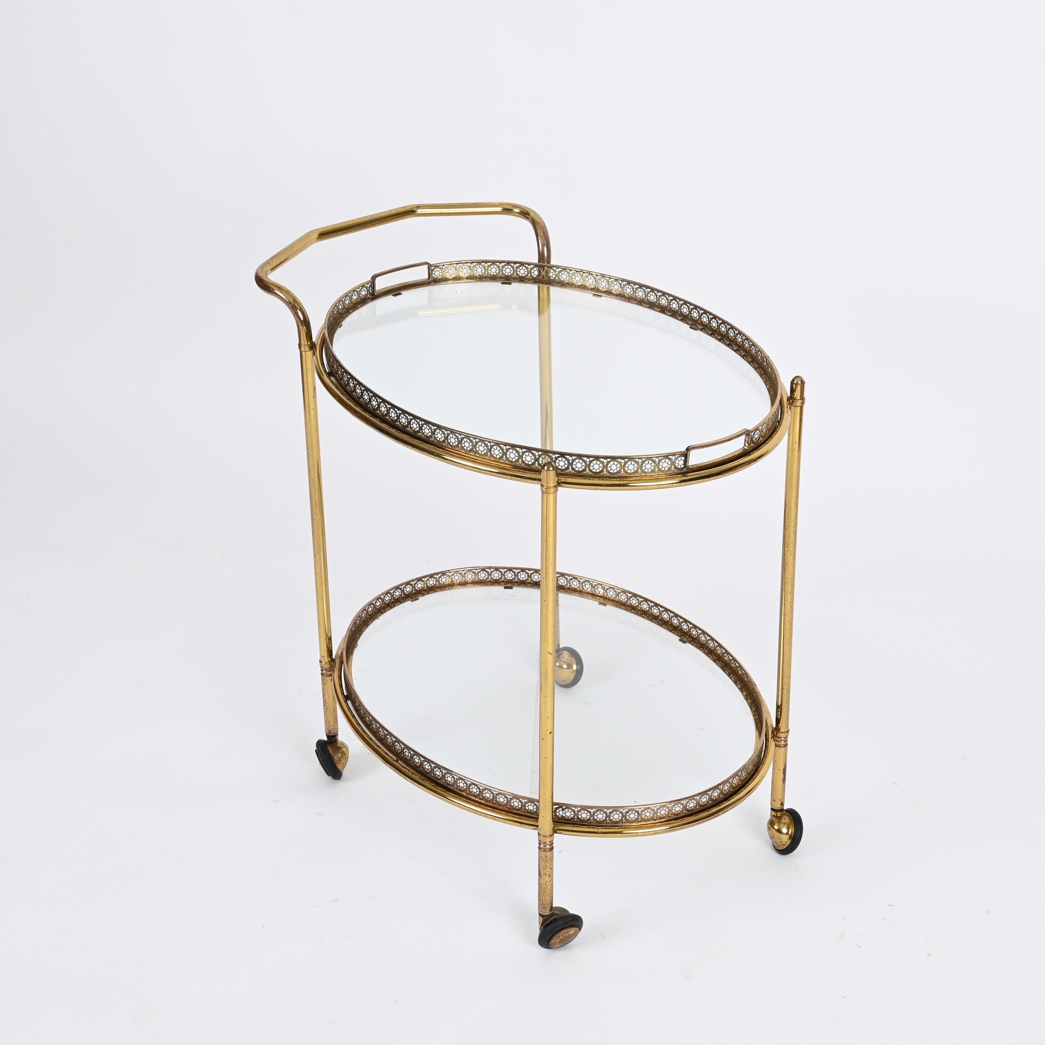 Hand-Crafted Maison Jansen Mid-Century Serving Bar Cart in Brass, France 1970s