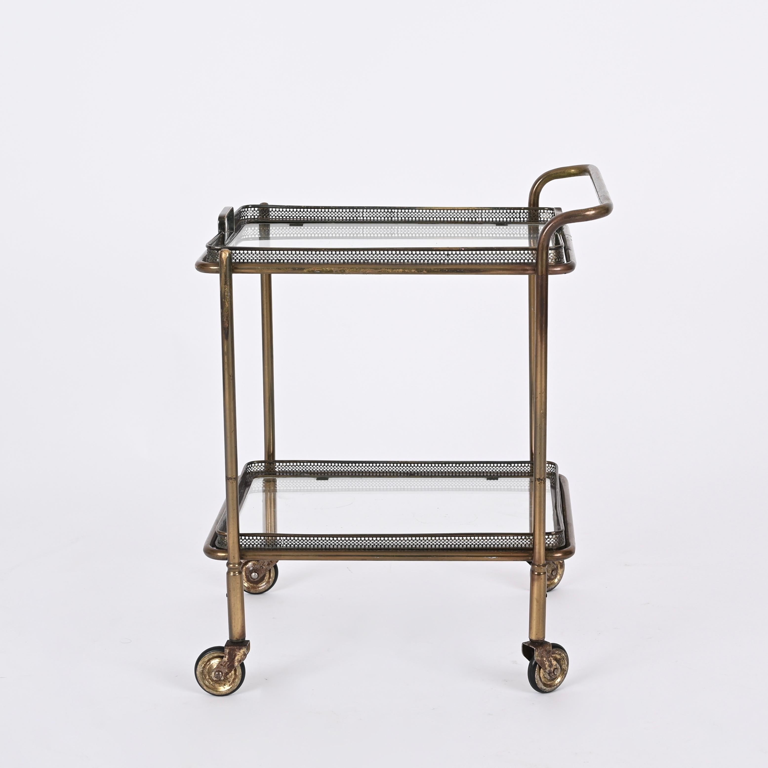 Mid-Century Modern Maison Jansen Midcentury Brass and Crystal French Serving Bar Cart, 1950s For Sale
