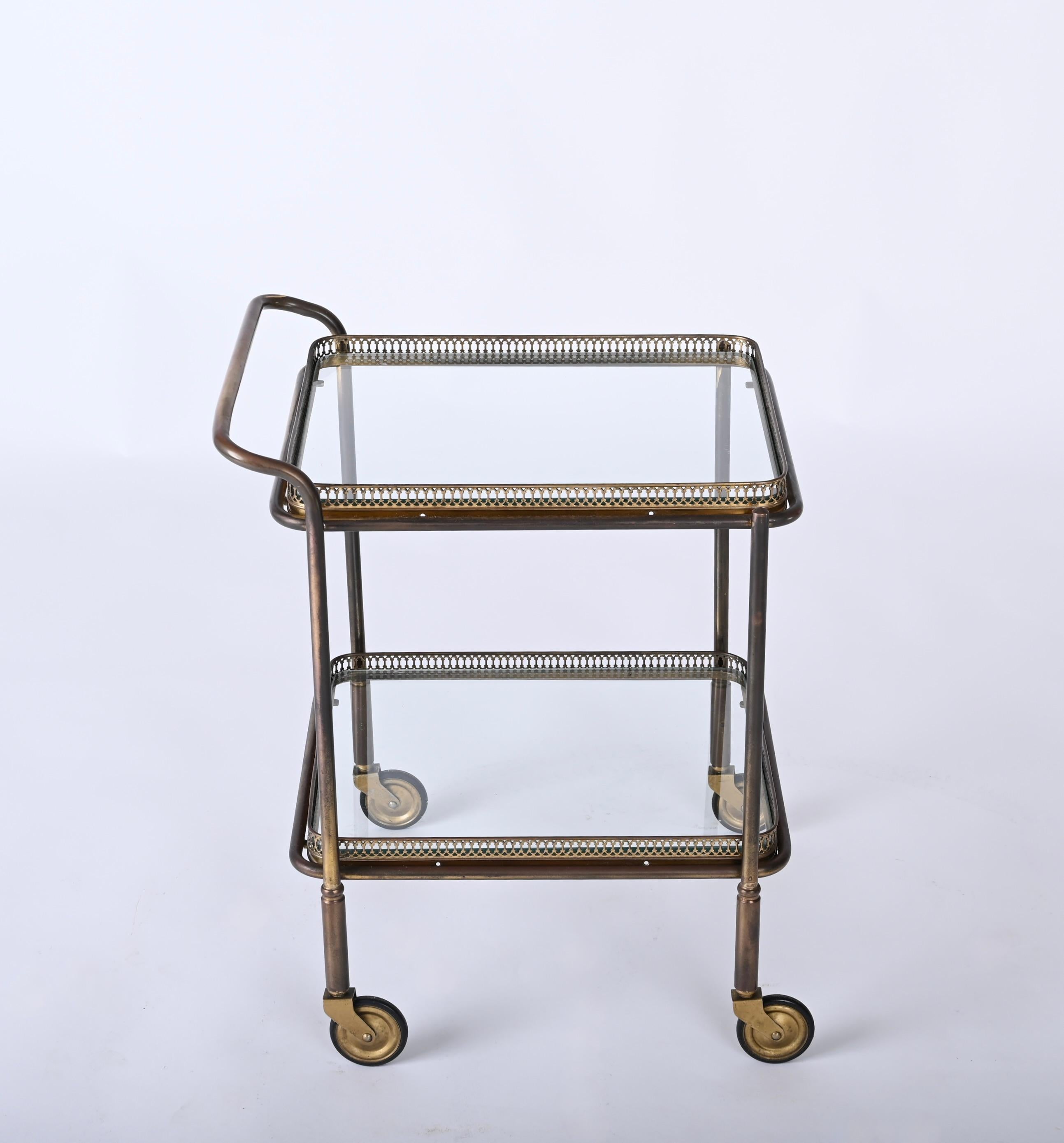 Maison Jansen Midcentury Brass and Crystal French Serving Bar Cart, 1950s 2