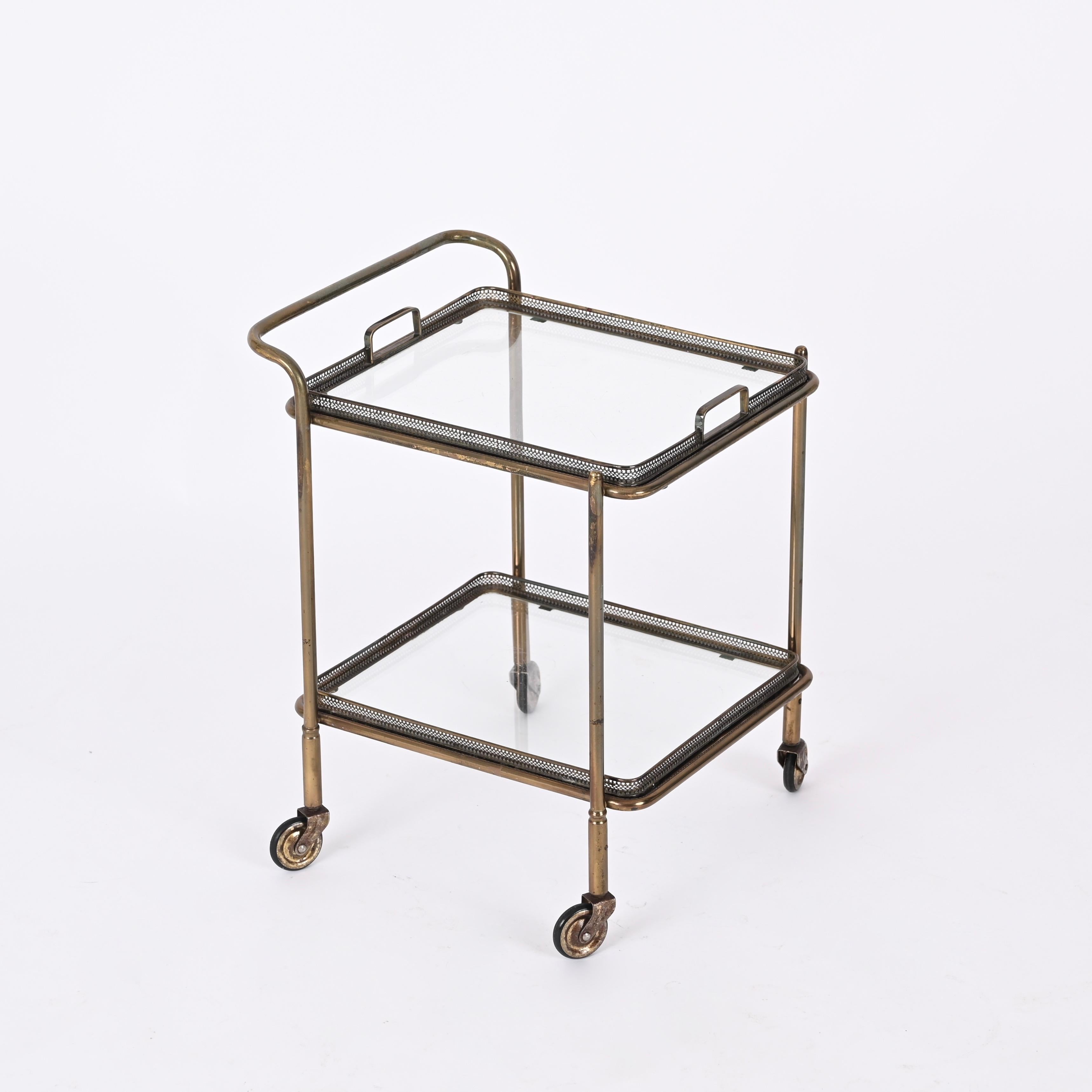 Maison Jansen Midcentury Brass and Crystal French Serving Bar Cart, 1950s For Sale 1