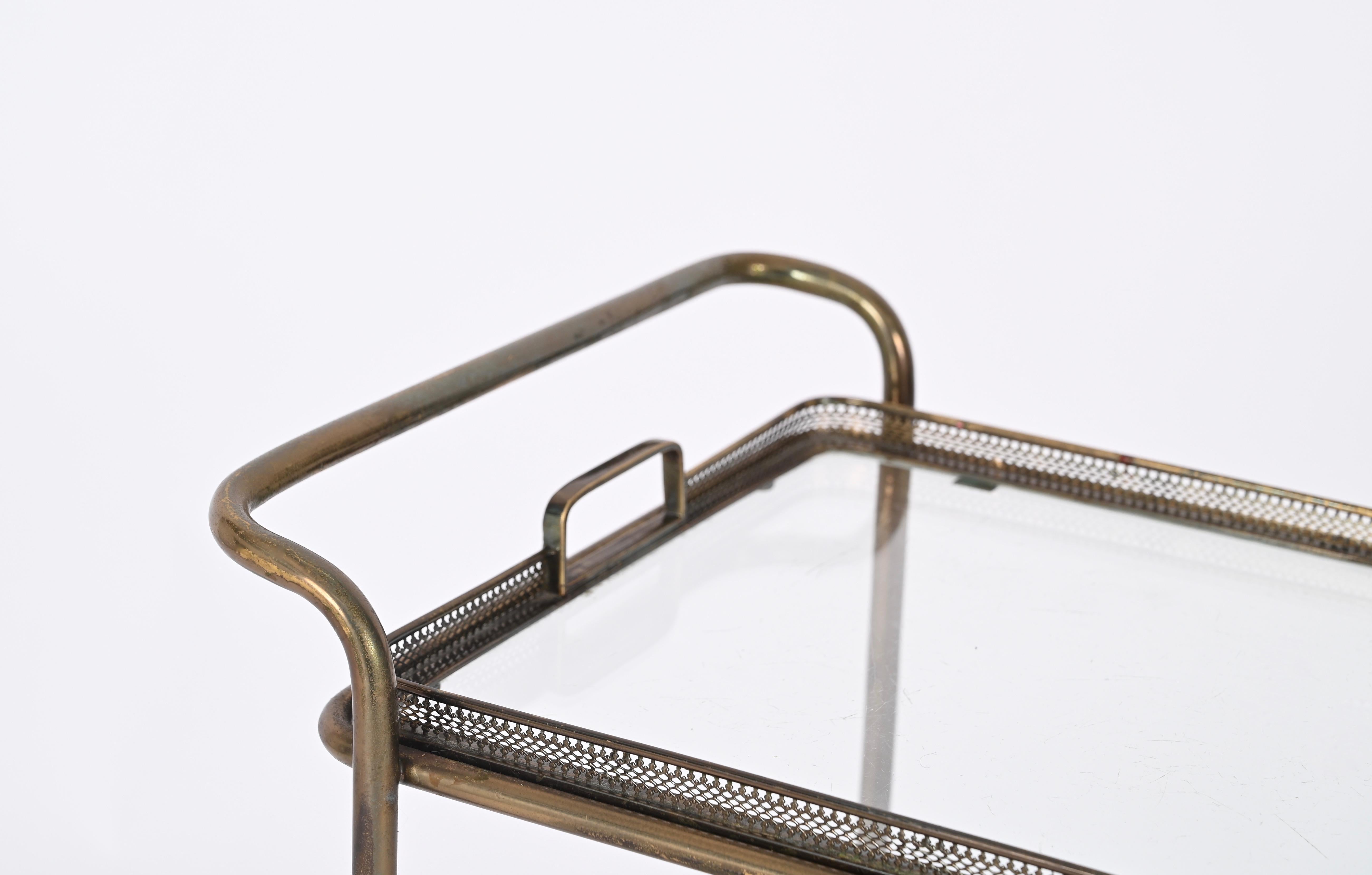 Maison Jansen Midcentury Brass and Crystal French Serving Bar Cart, 1950s For Sale 3