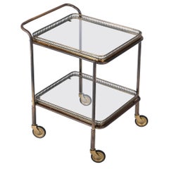 Retro Maison Jansen Midcentury Brass and Crystal French Serving Bar Cart, 1950s