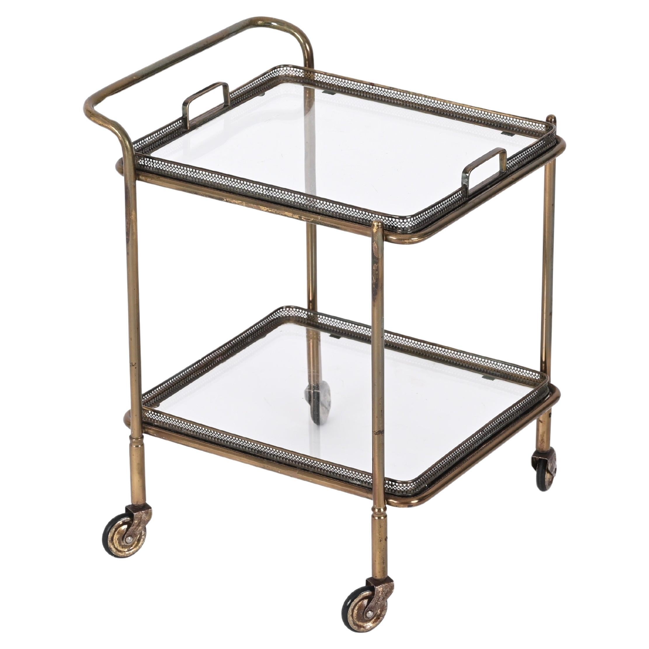 Maison Jansen Midcentury Brass and Crystal French Serving Bar Cart, 1950s