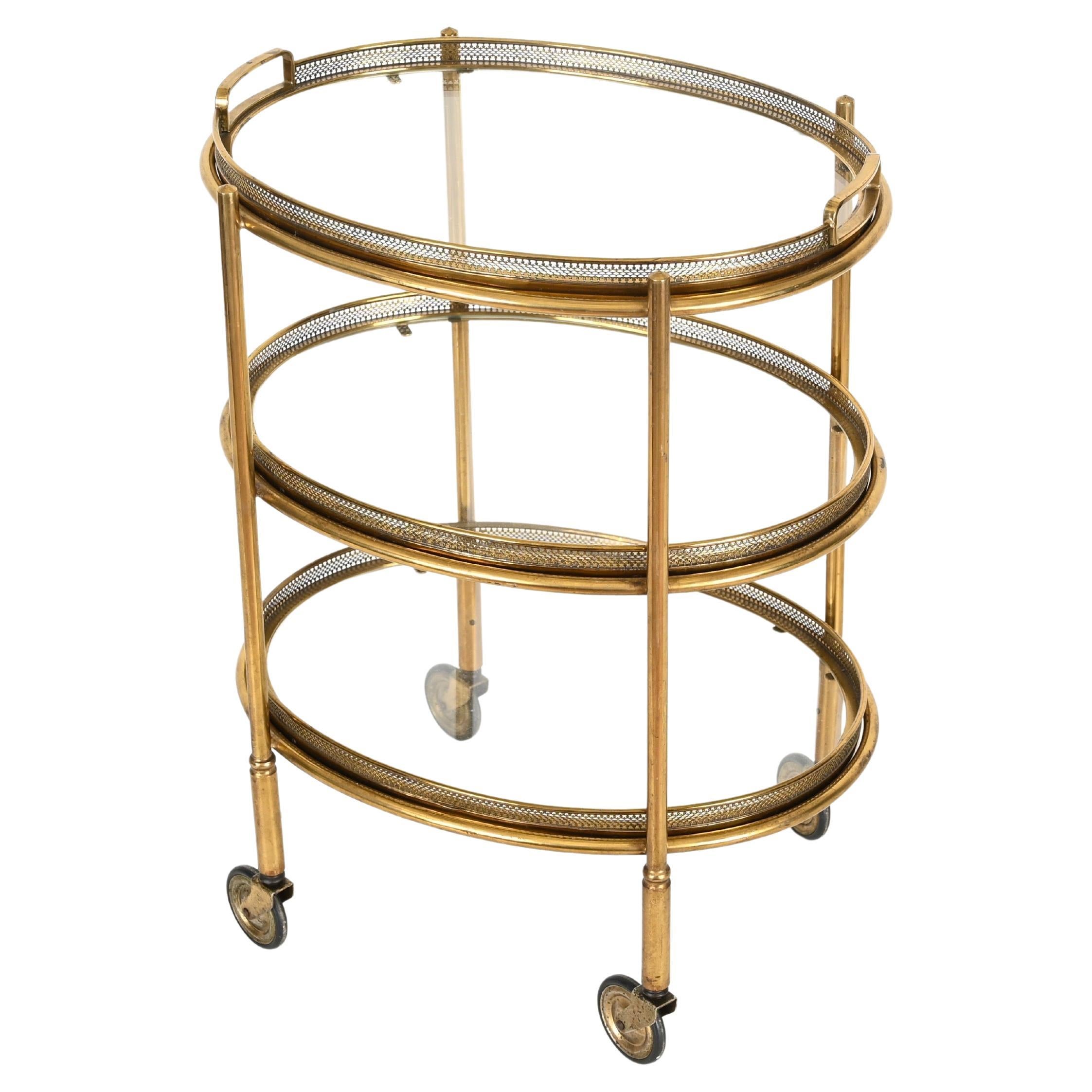 Maison Jansen Midcentury Brass and Crystal Oval Bar Cart, France 1950s