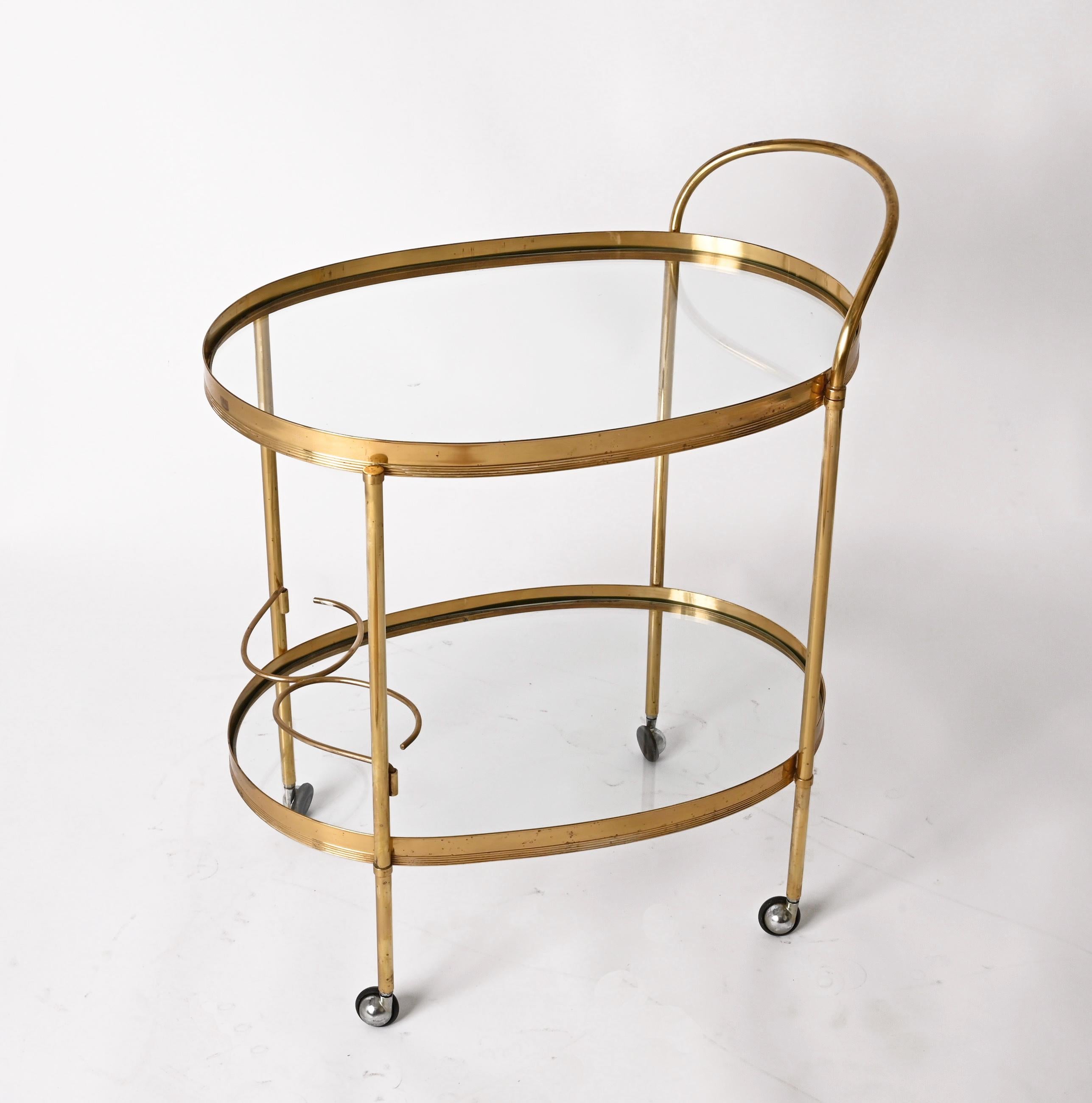 Maison Jansen Mid-Century Brass and Glass Italian Oval Bar Cart, 1970s 6
