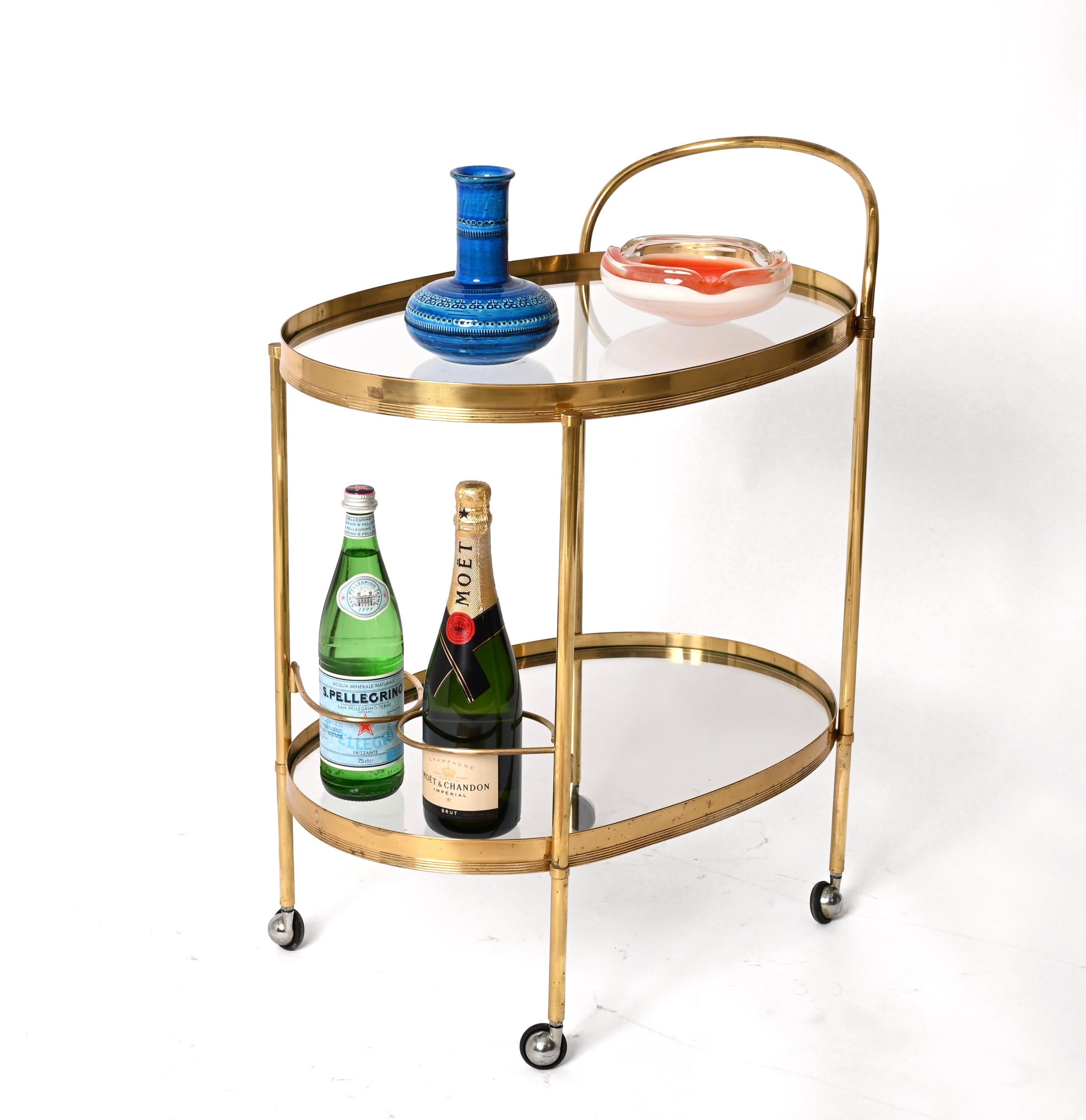 Maison Jansen Mid-Century Brass and Glass Italian Oval Bar Cart, 1970s 7