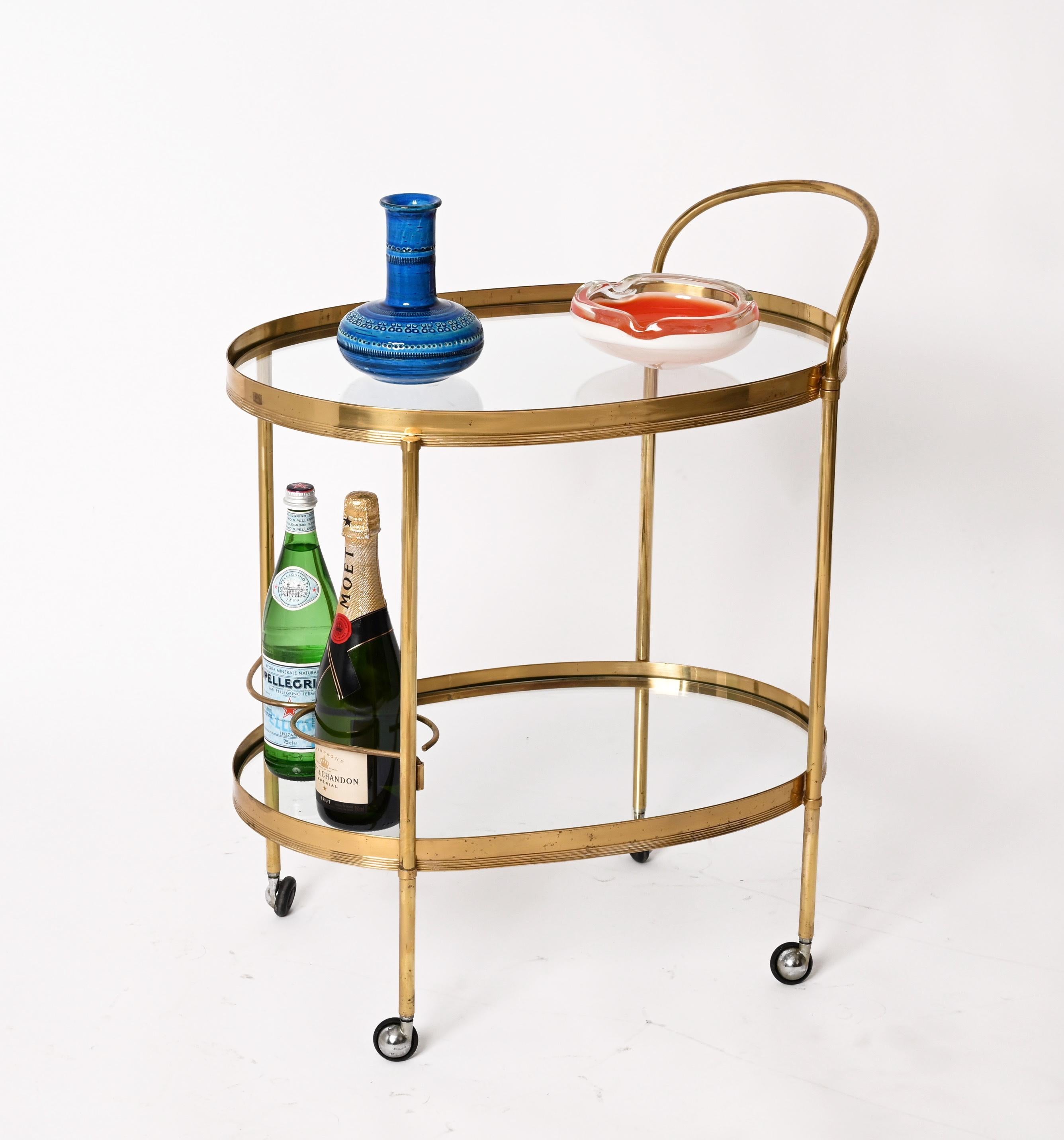Maison Jansen Mid-Century Brass and Glass Italian Oval Bar Cart, 1970s 8