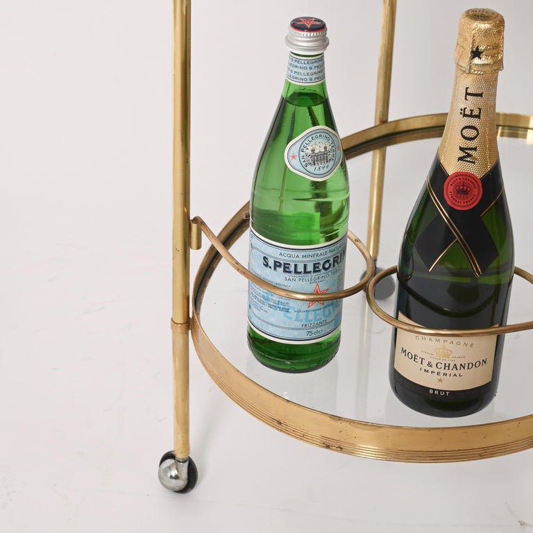 Maison Jansen Mid-Century Brass and Glass Italian Oval Bar Cart, 1970s For Sale 8
