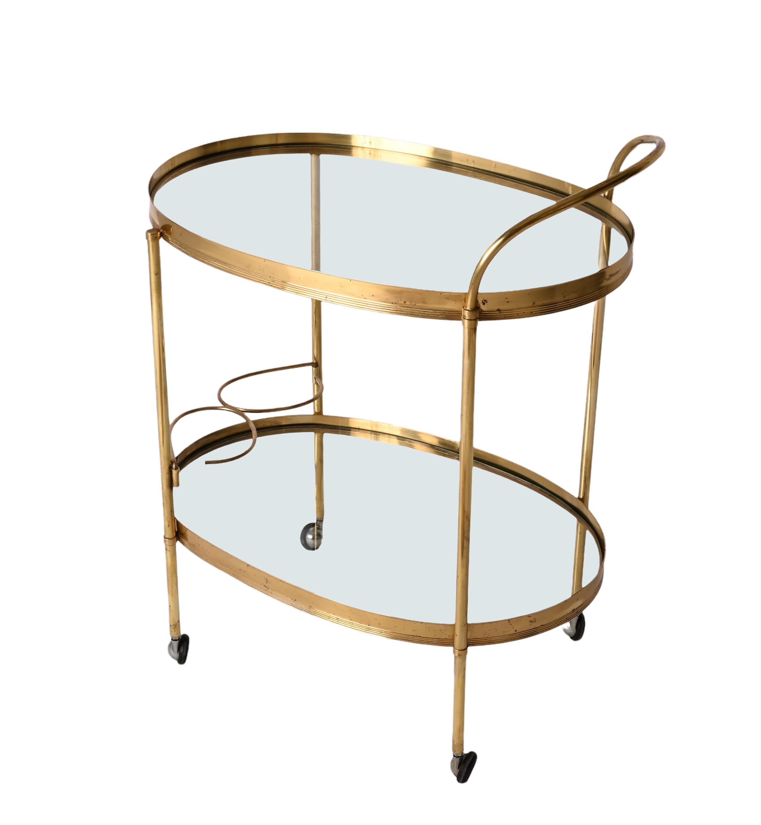 Mid-Century Modern Maison Jansen Mid-Century Brass and Glass Italian Oval Bar Cart, 1970s
