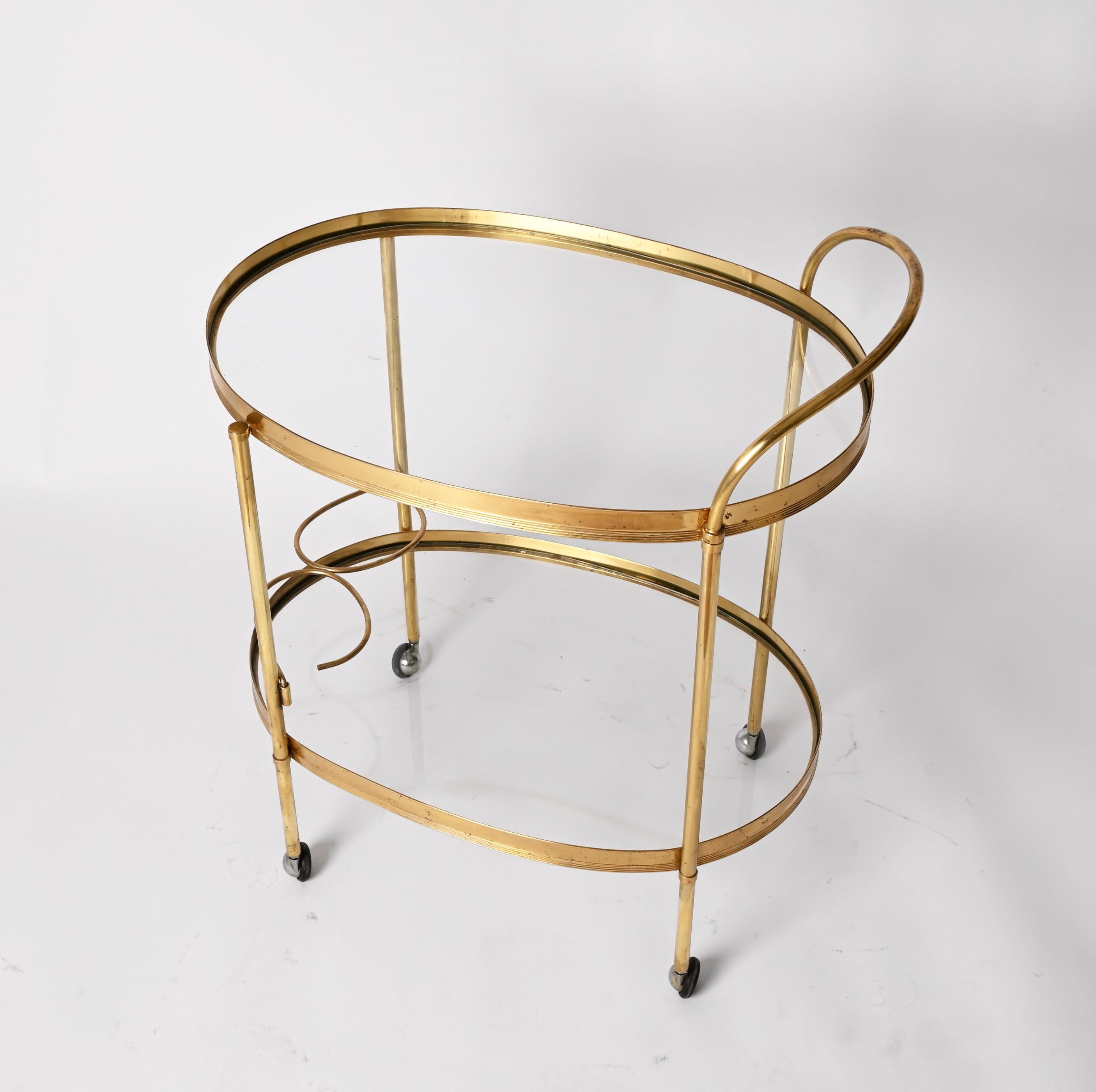 French Maison Jansen Mid-Century Brass and Glass Italian Oval Bar Cart, 1970s