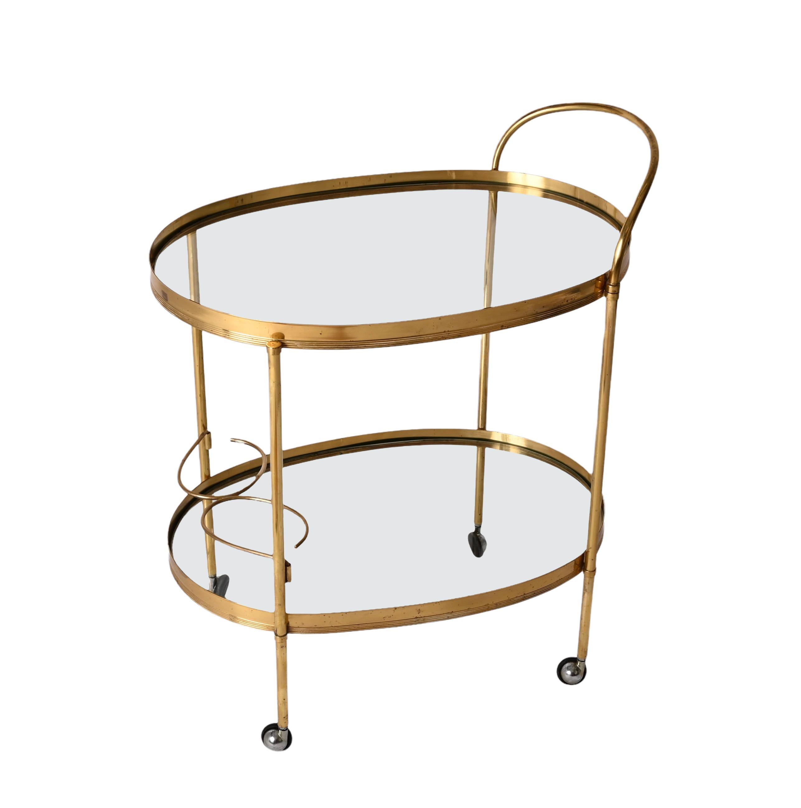 Maison Jansen Mid-Century Brass and Glass Italian Oval Bar Cart, 1970s In Good Condition In Roma, IT