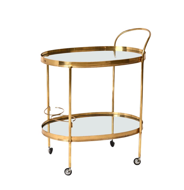 Late 20th Century Maison Jansen Mid-Century Brass and Glass Italian Oval Bar Cart, 1970s For Sale