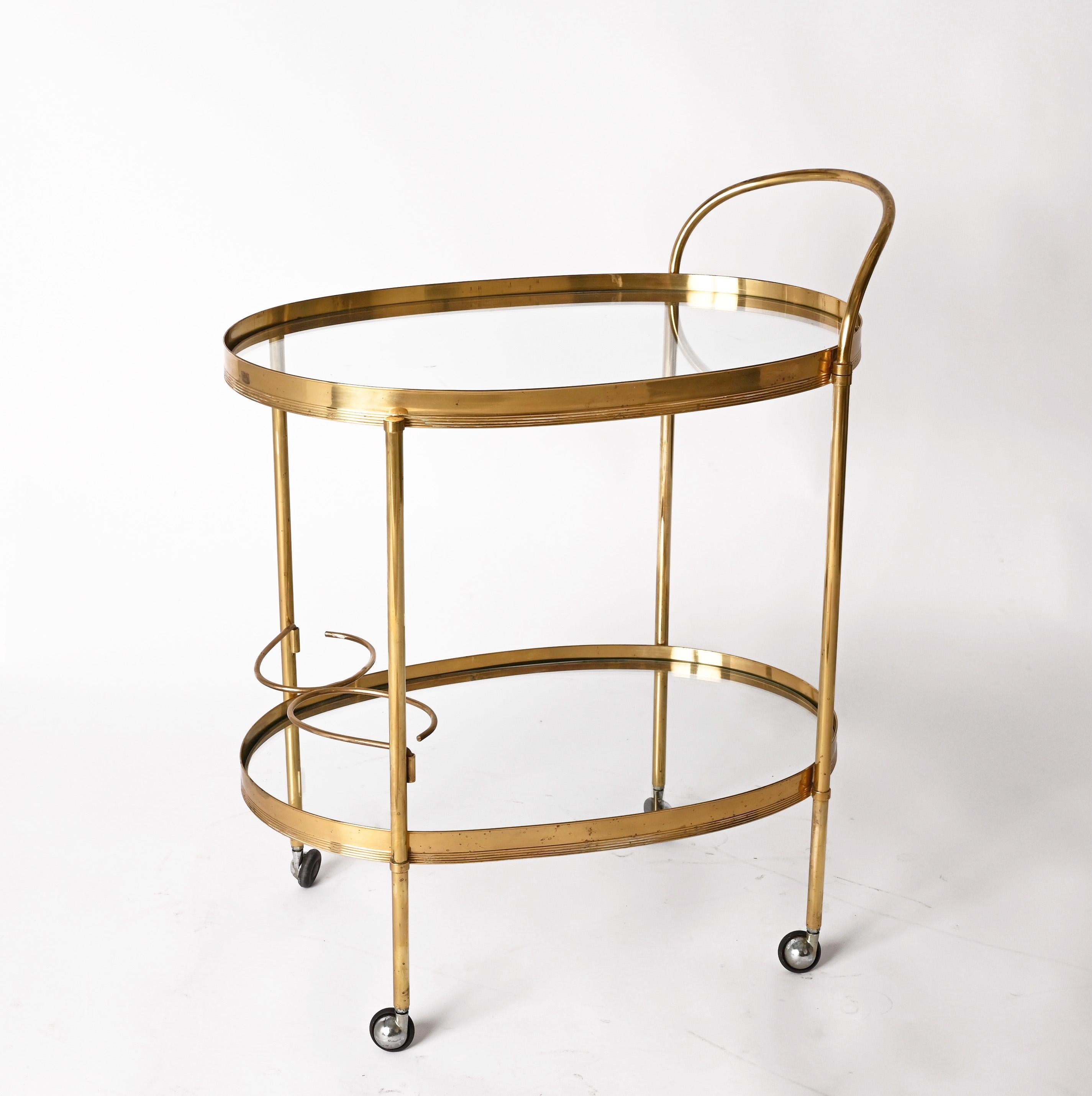 Maison Jansen Mid-Century Brass and Glass Italian Oval Bar Cart, 1970s 3