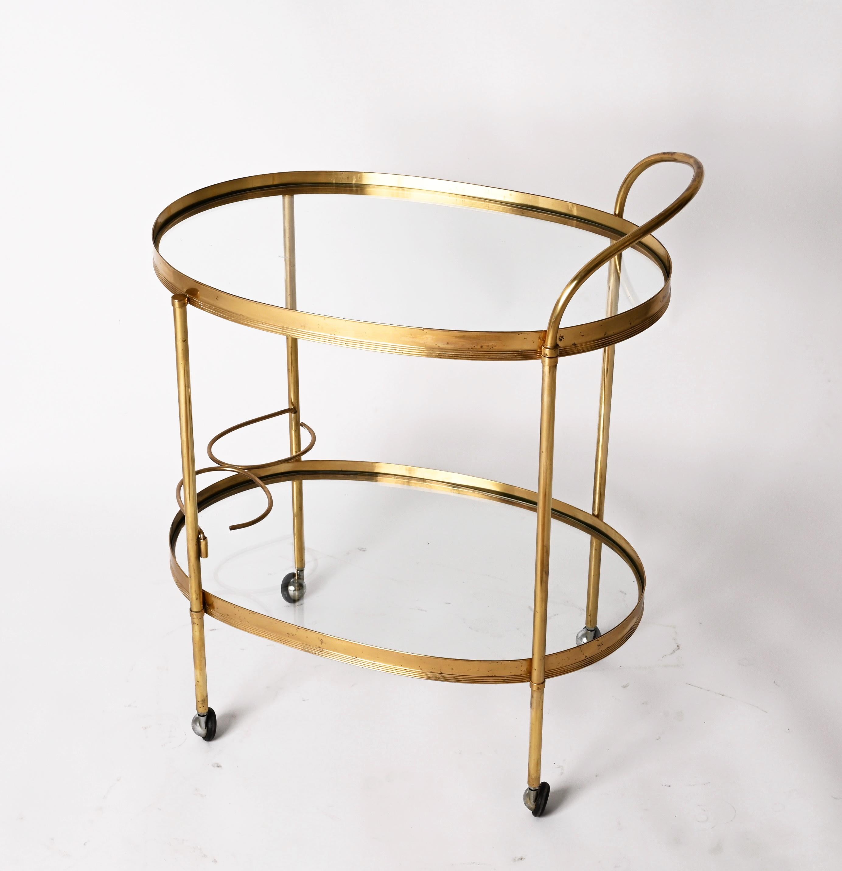 Maison Jansen Mid-Century Brass and Glass Italian Oval Bar Cart, 1970s 4