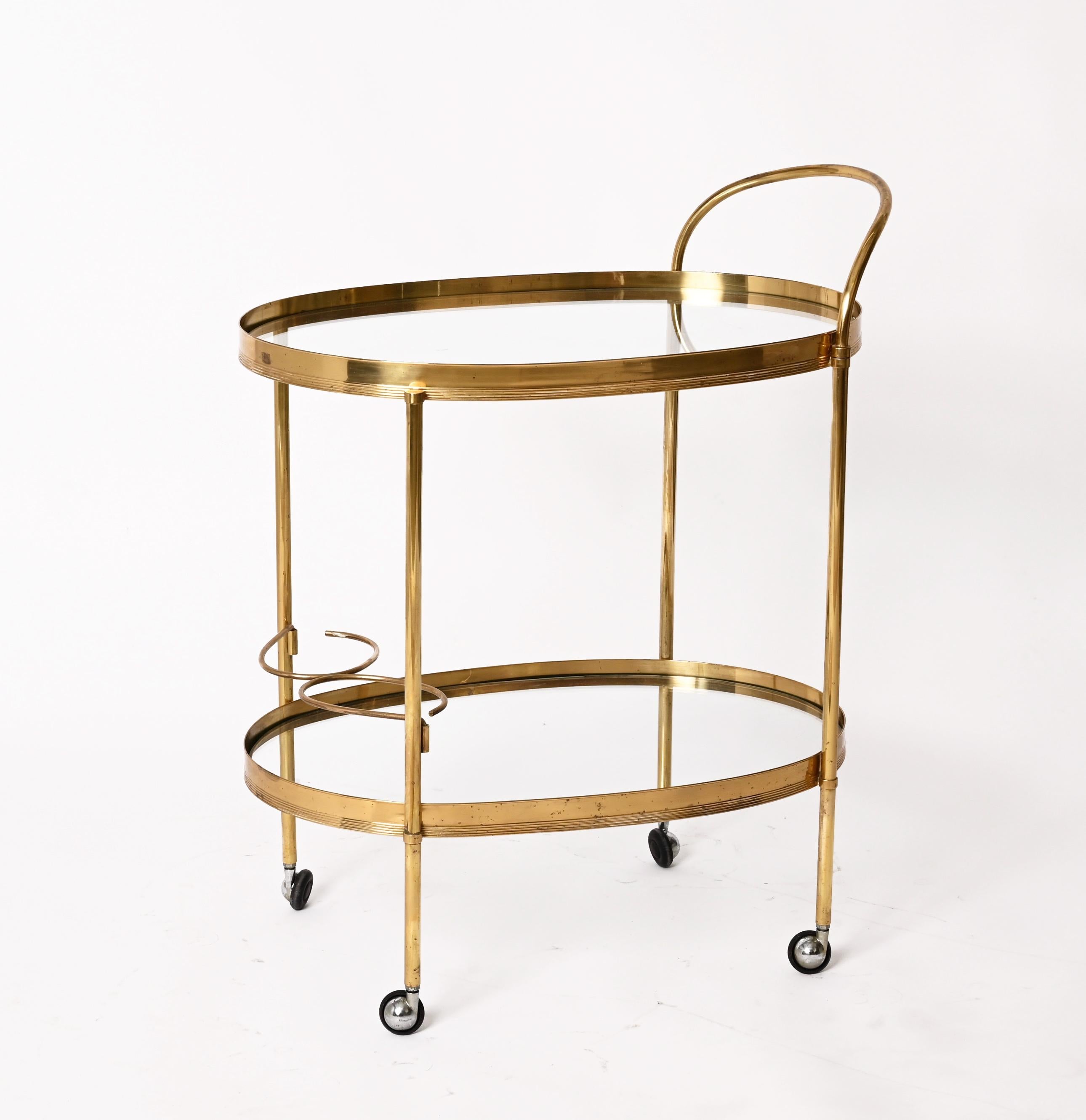 Maison Jansen Mid-Century Brass and Glass Italian Oval Bar Cart, 1970s 5