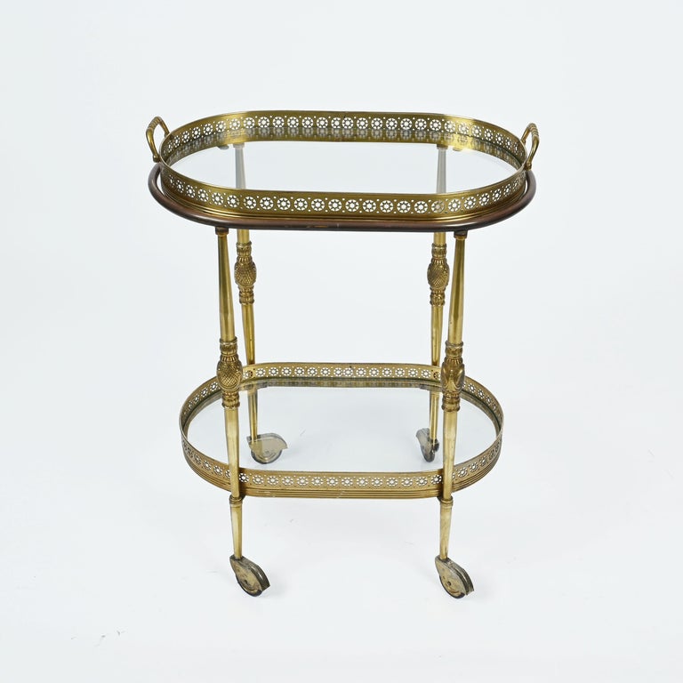 Maison Jansen Midcentury Brass Faux Bamboo French Serving Bar Cart, 1970s For Sale 5