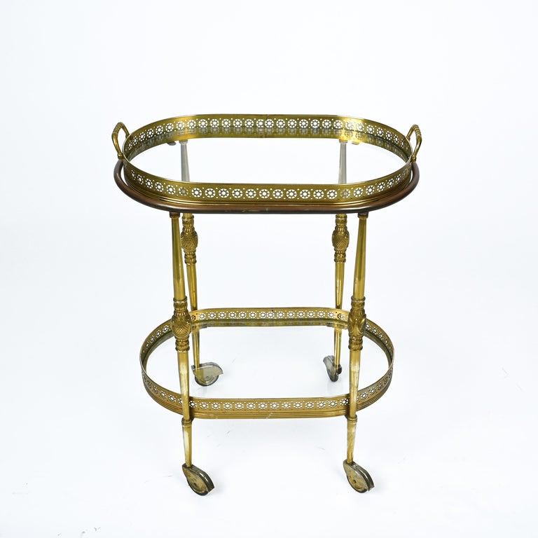 Maison Jansen Midcentury Brass Faux Bamboo French Serving Bar Cart, 1970s For Sale 11