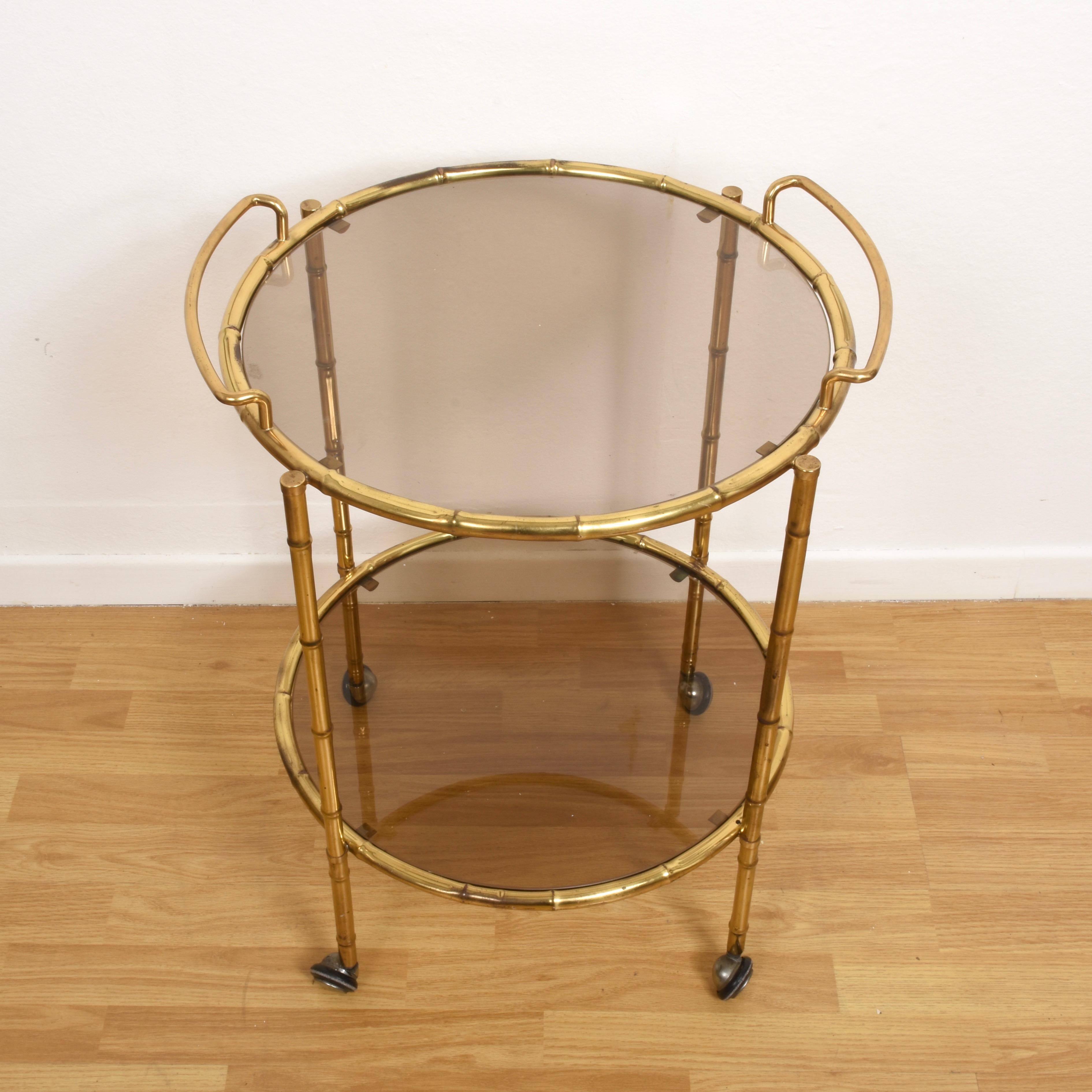 Maison Jansen Midcentury Brass Faux Bamboo French Serving Bar Cart, 1970s In Good Condition In Roma, IT