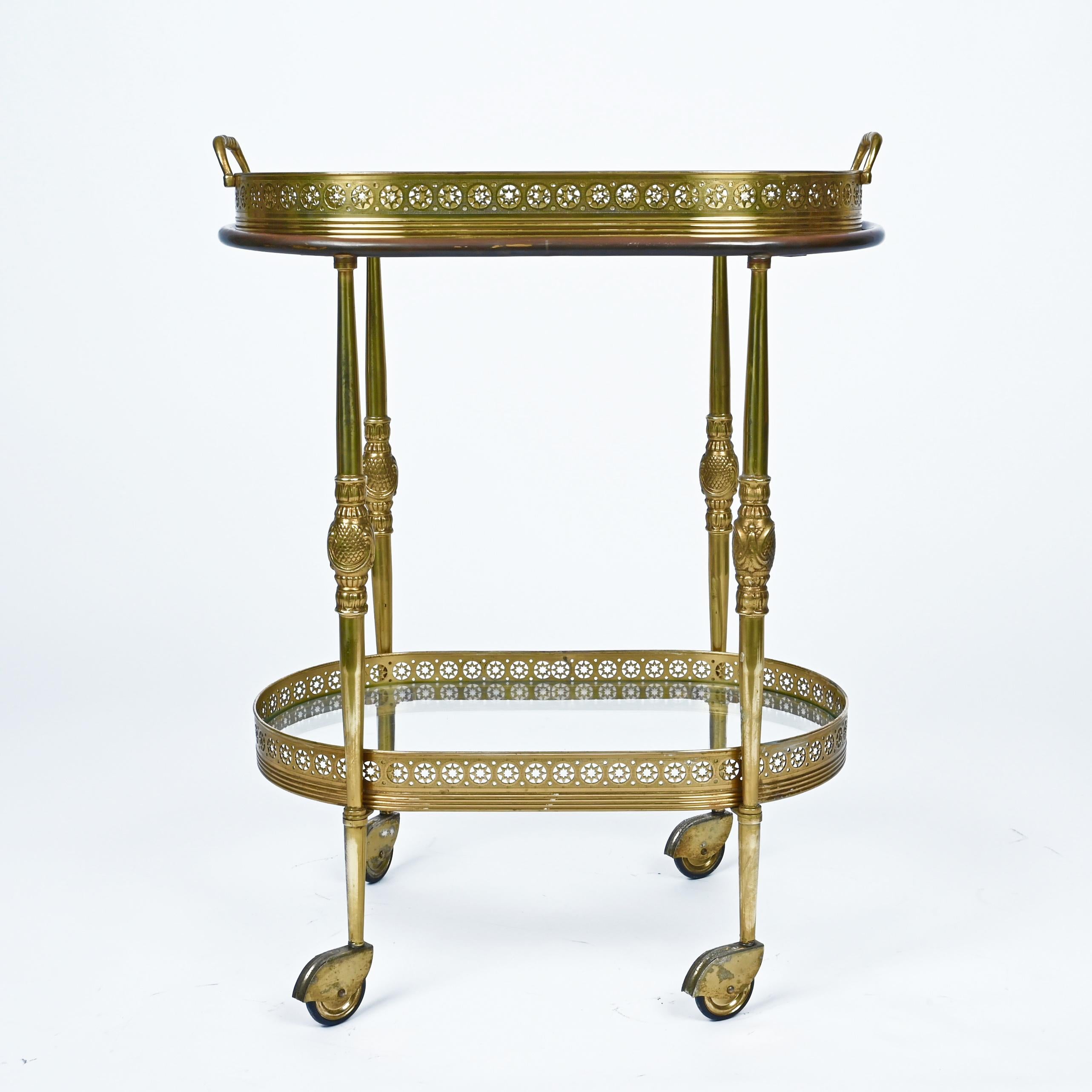 Late 20th Century Maison Jansen Midcentury Brass Faux Bamboo French Serving Bar Cart, 1970s