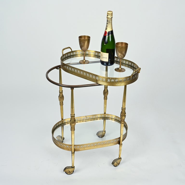 Maison Jansen Midcentury Brass Faux Bamboo French Serving Bar Cart, 1970s For Sale 1