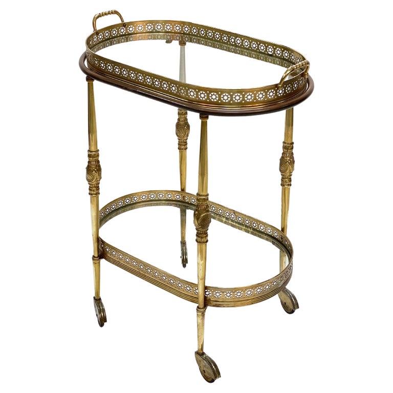 Maison Jansen Midcentury Brass Faux Bamboo French Serving Bar Cart, 1970s For Sale