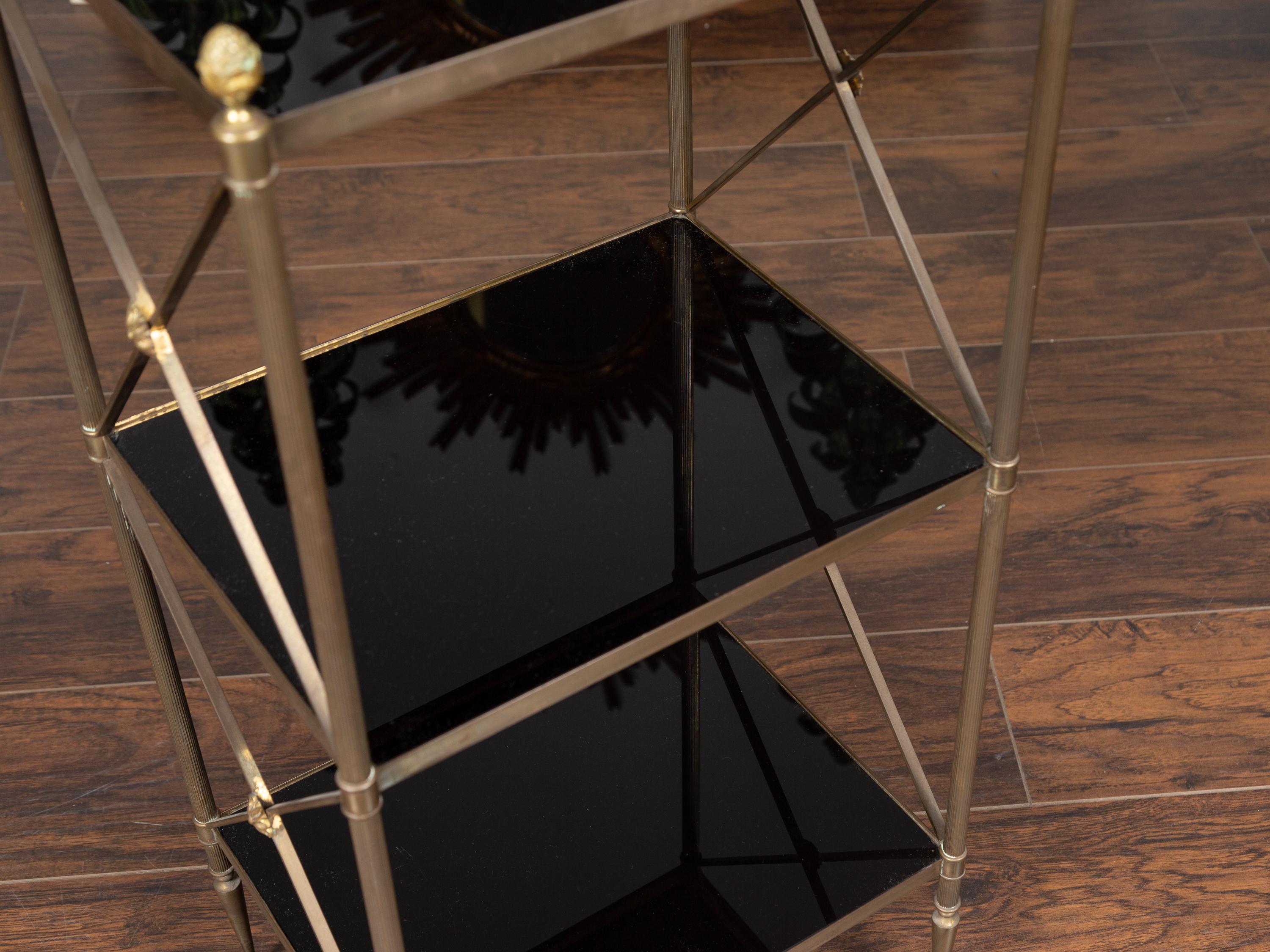 Mid-Century Modern Maison Jansen Midcentury Patinated Brass Étagère with Black Mirror Shelves