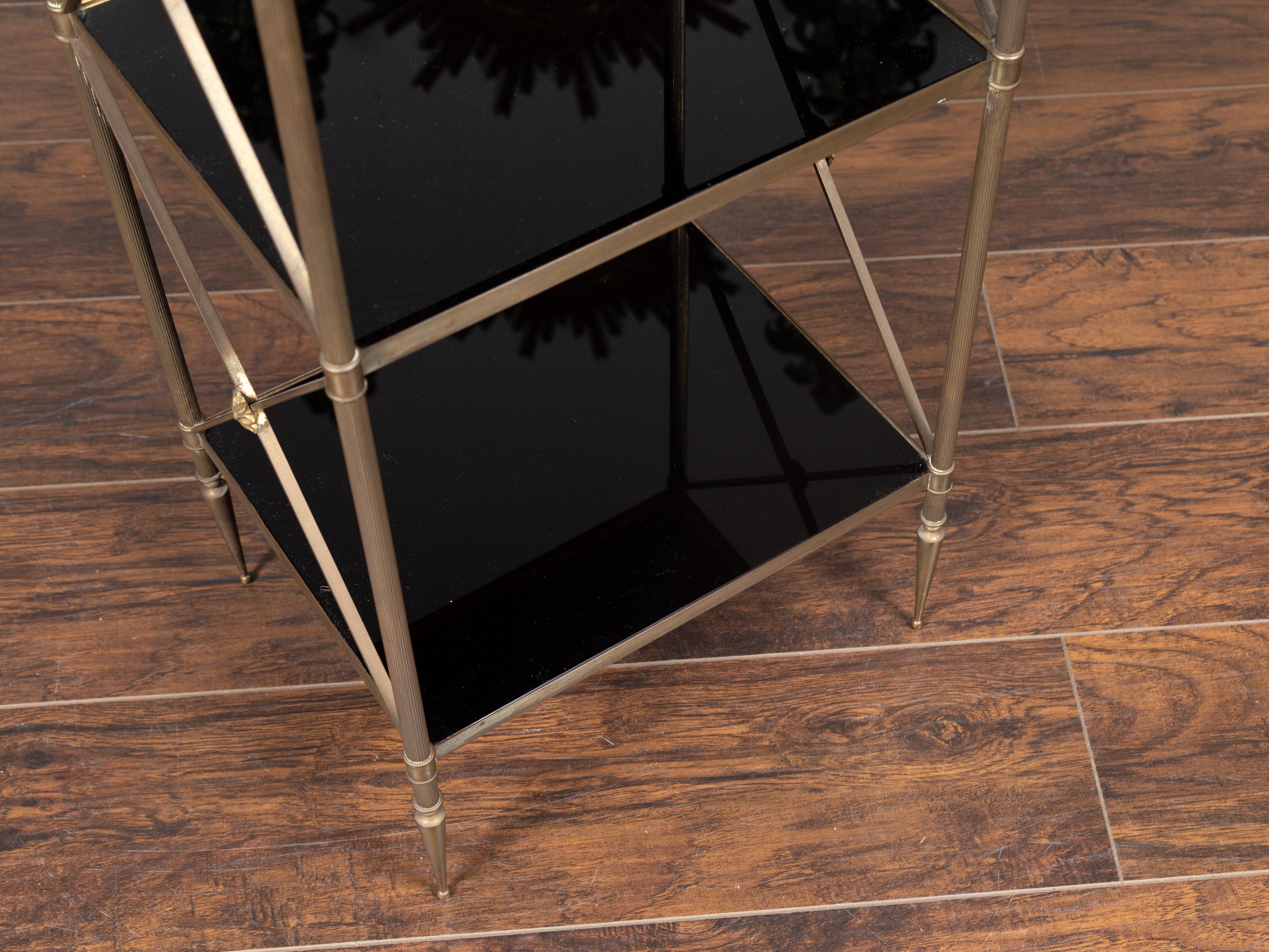 French Maison Jansen Midcentury Patinated Brass Étagère with Black Mirror Shelves