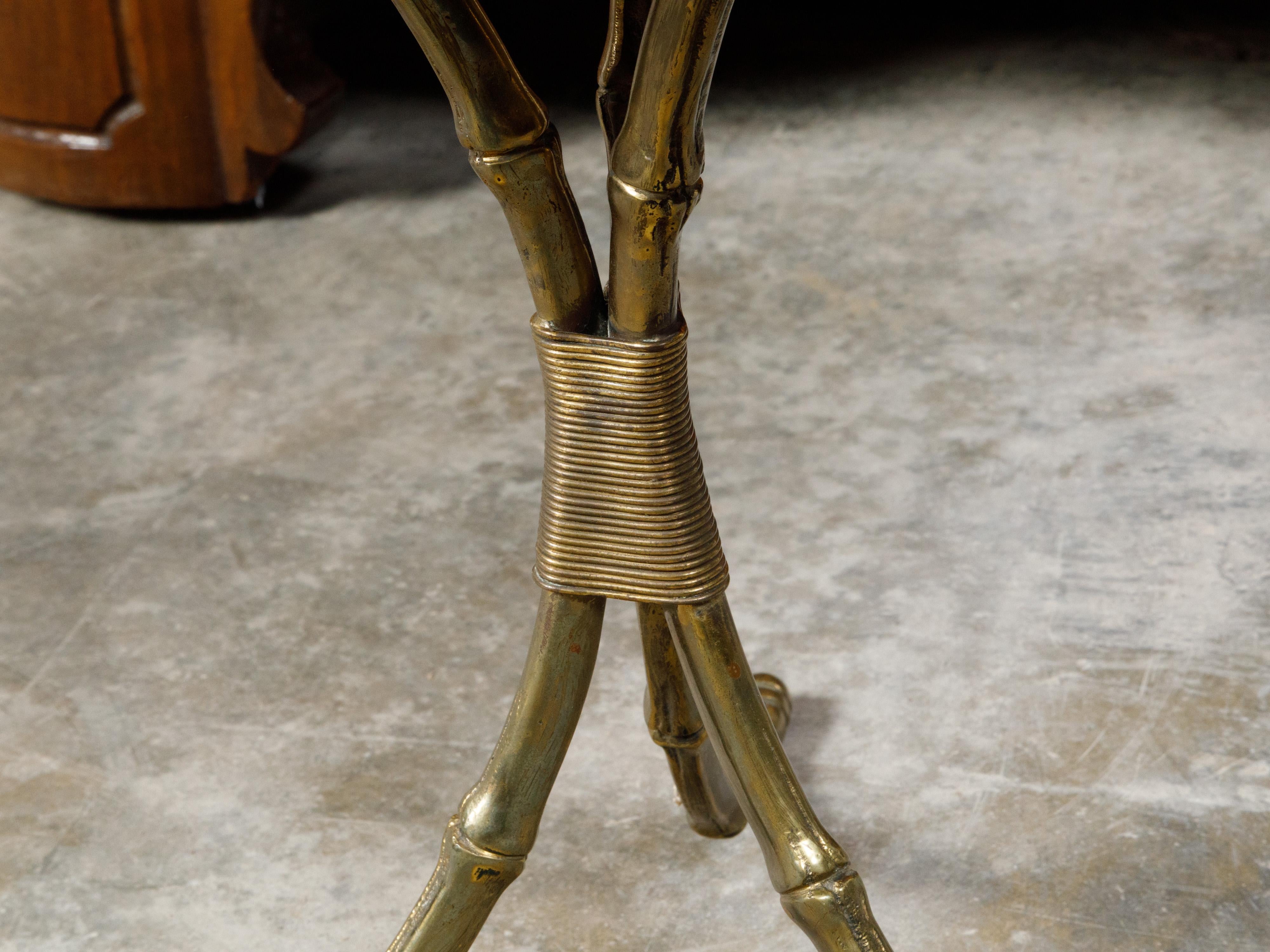 Gilt Maison Jansen Mid-Century Side Table with Leather Top and Brass Faux Bamboo Base For Sale