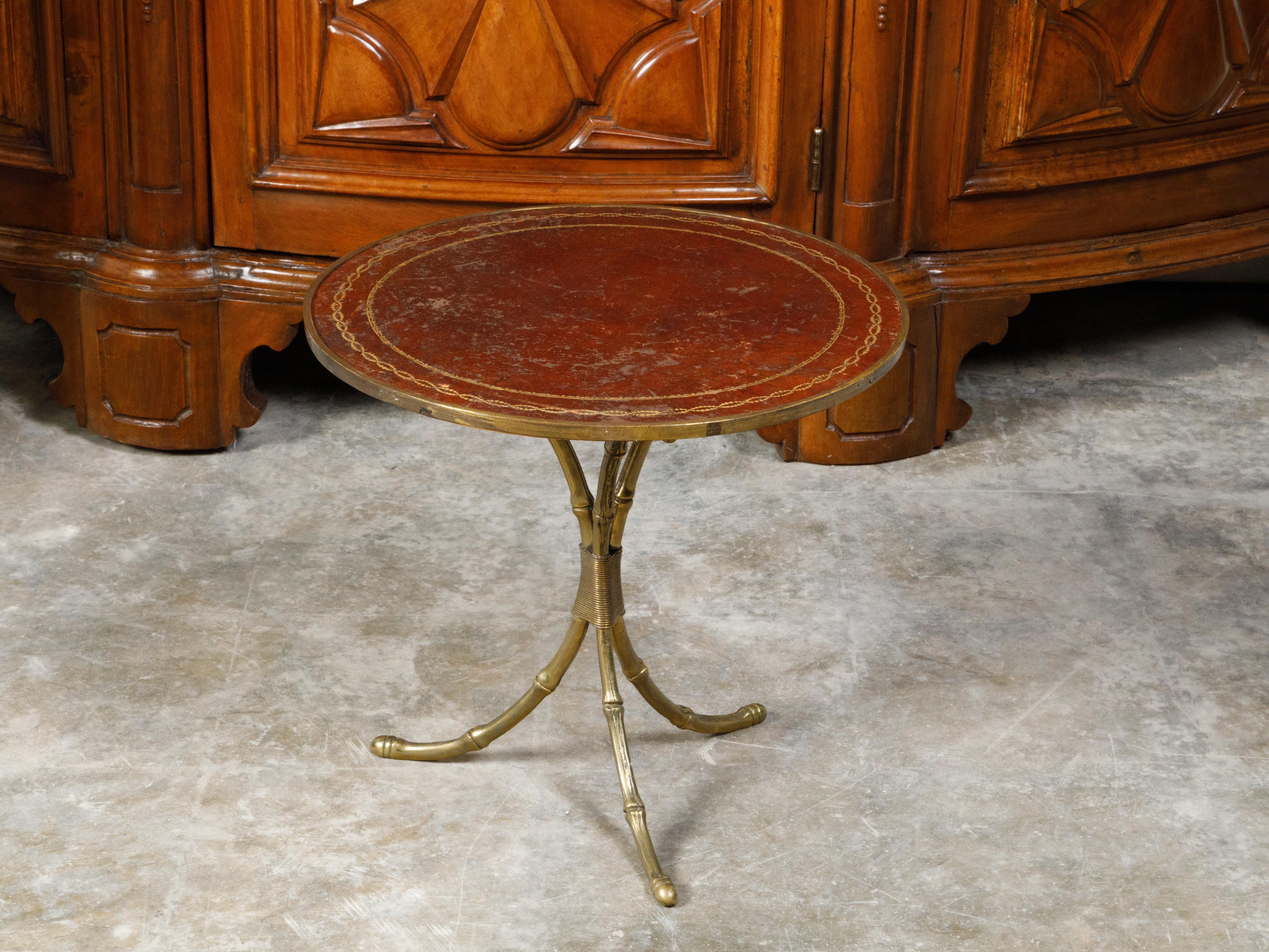 20th Century Maison Jansen Mid-Century Side Table with Leather Top and Brass Faux Bamboo Base For Sale