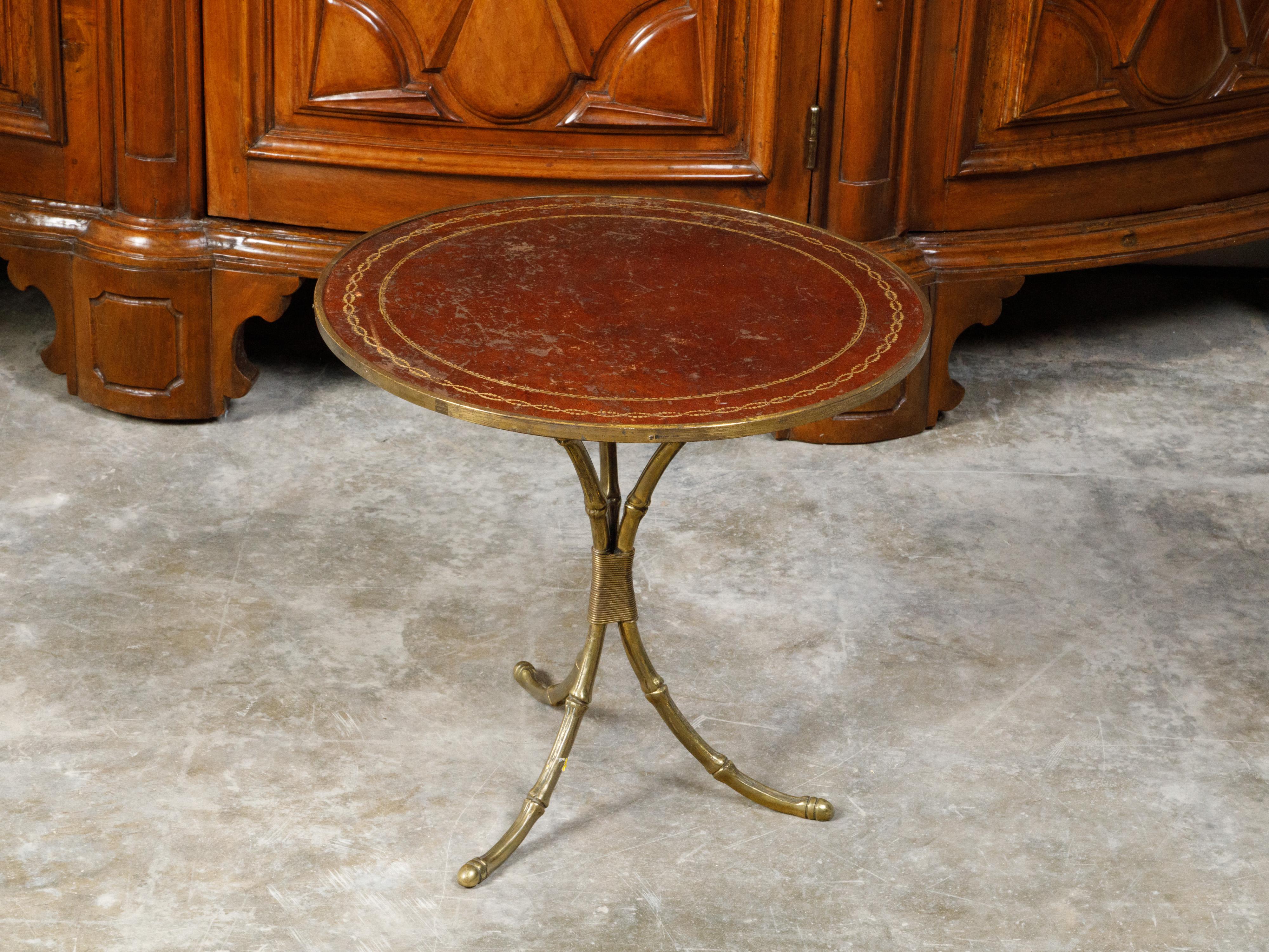 Maison Jansen Mid-Century Side Table with Leather Top and Brass Faux Bamboo Base For Sale 1