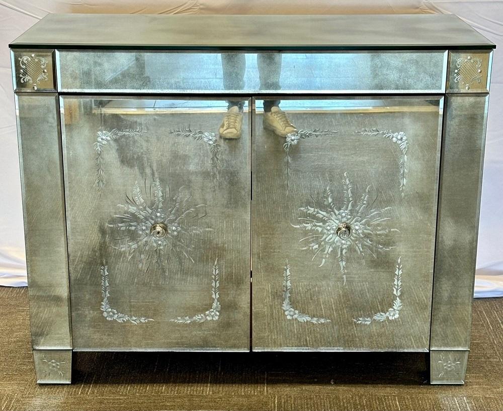 French Maison Jansen Mirrored Cabinet, Commode, Verre Eglomise, Mid Century Modern For Sale