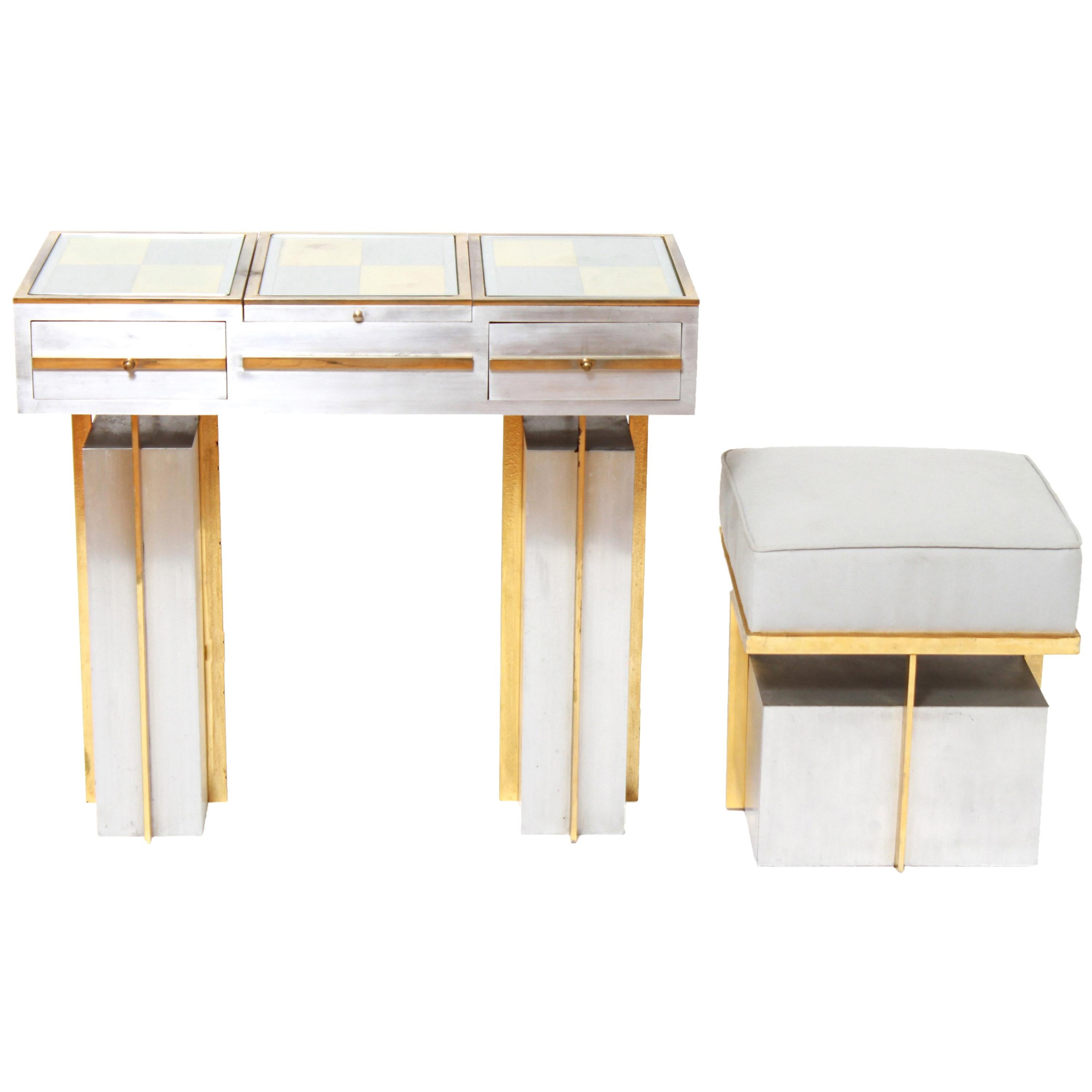 Modern Steel Vanity Table and Stool In Style Of Maison Jansen at 1stDibs