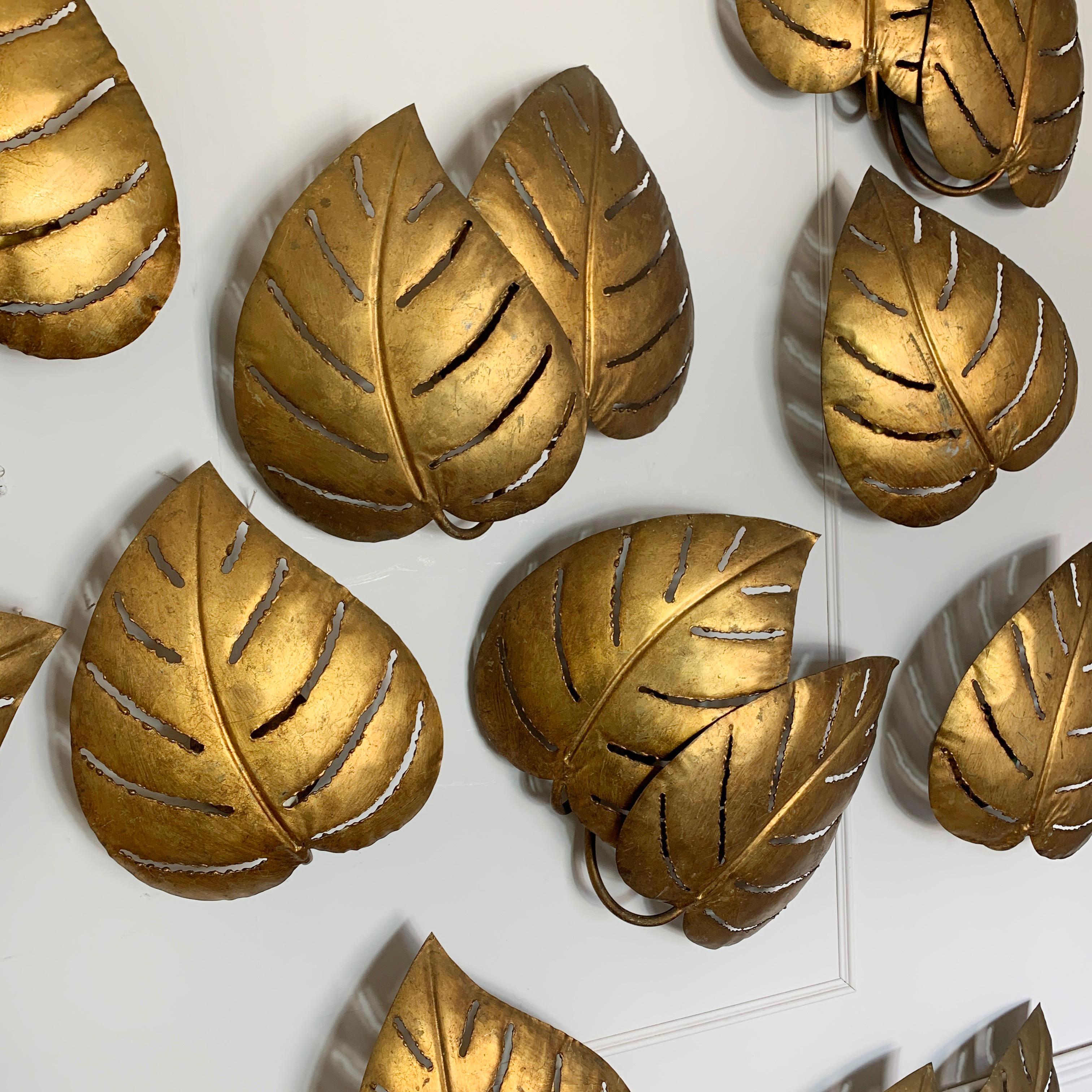French Maison Jansen, Monstera Double Leaf Gold Wall Lights, 1970s For Sale