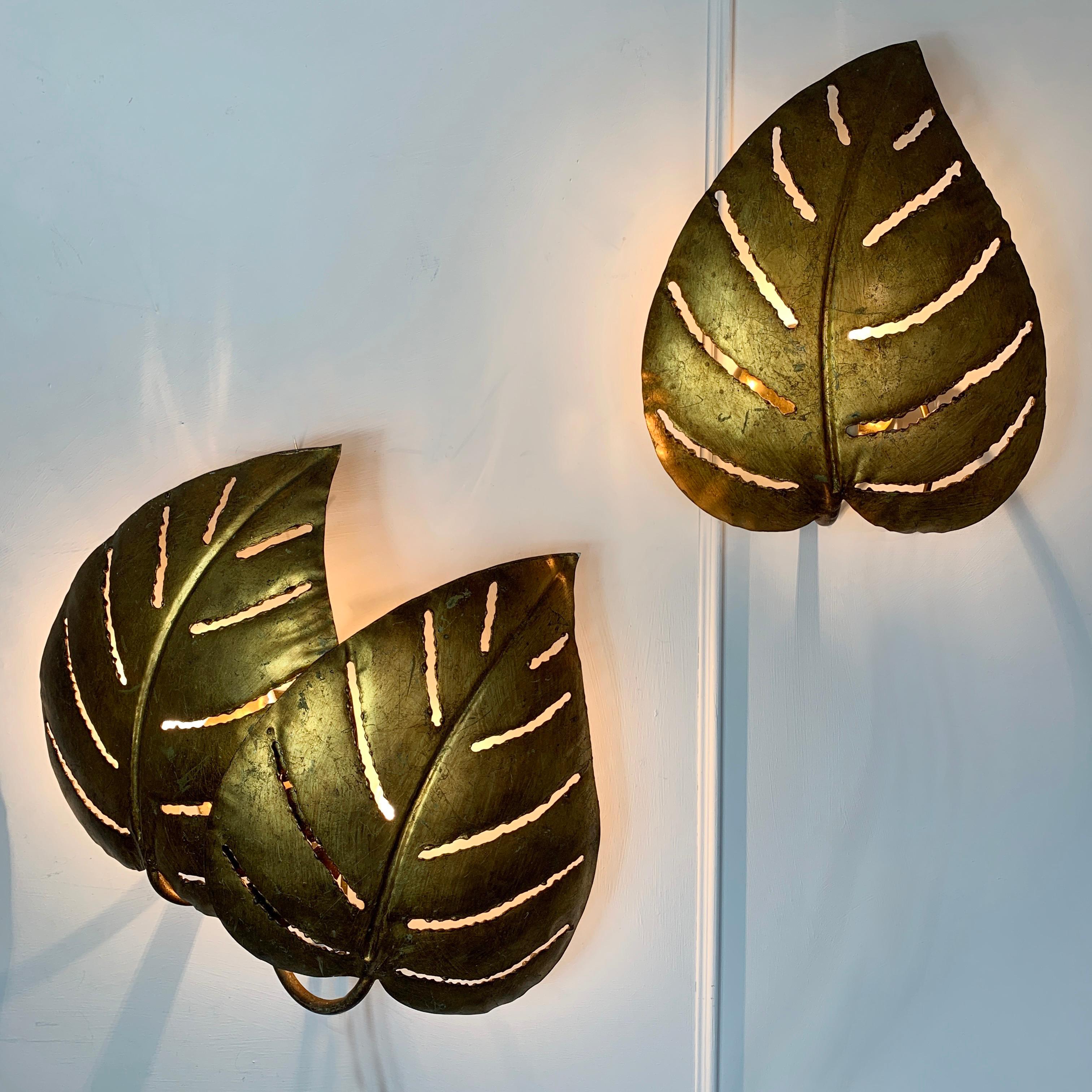 Metal Maison Jansen, Monstera Double Leaf Gold Wall Lights, 1970s For Sale