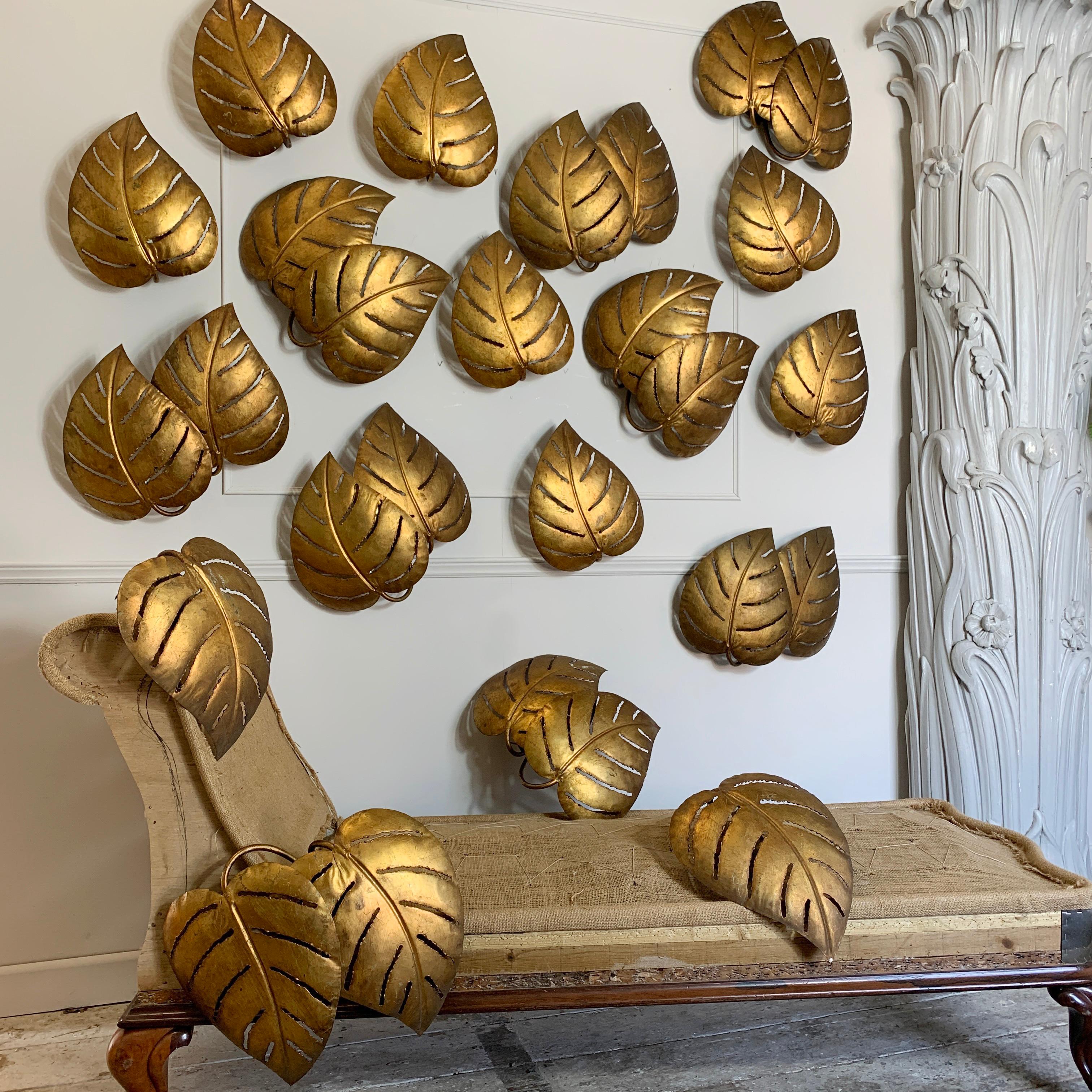French Maison Jansen, Monstera Single Leaf Gold Wall Lights, 1970s For Sale