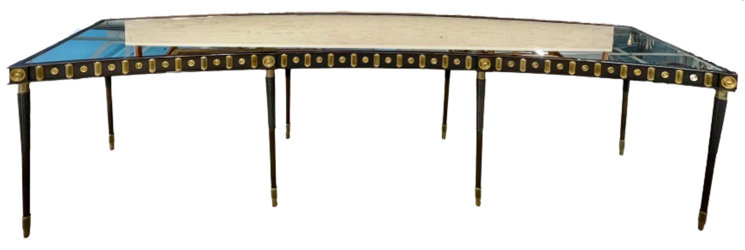Maison Jansen Monumental Concave steel and bronze console / sideboard table. This stunning one of a kind concave on one side and demilune if you turn it around case is comprised of all steel and bronze elements. The finely cast sabots leading to a