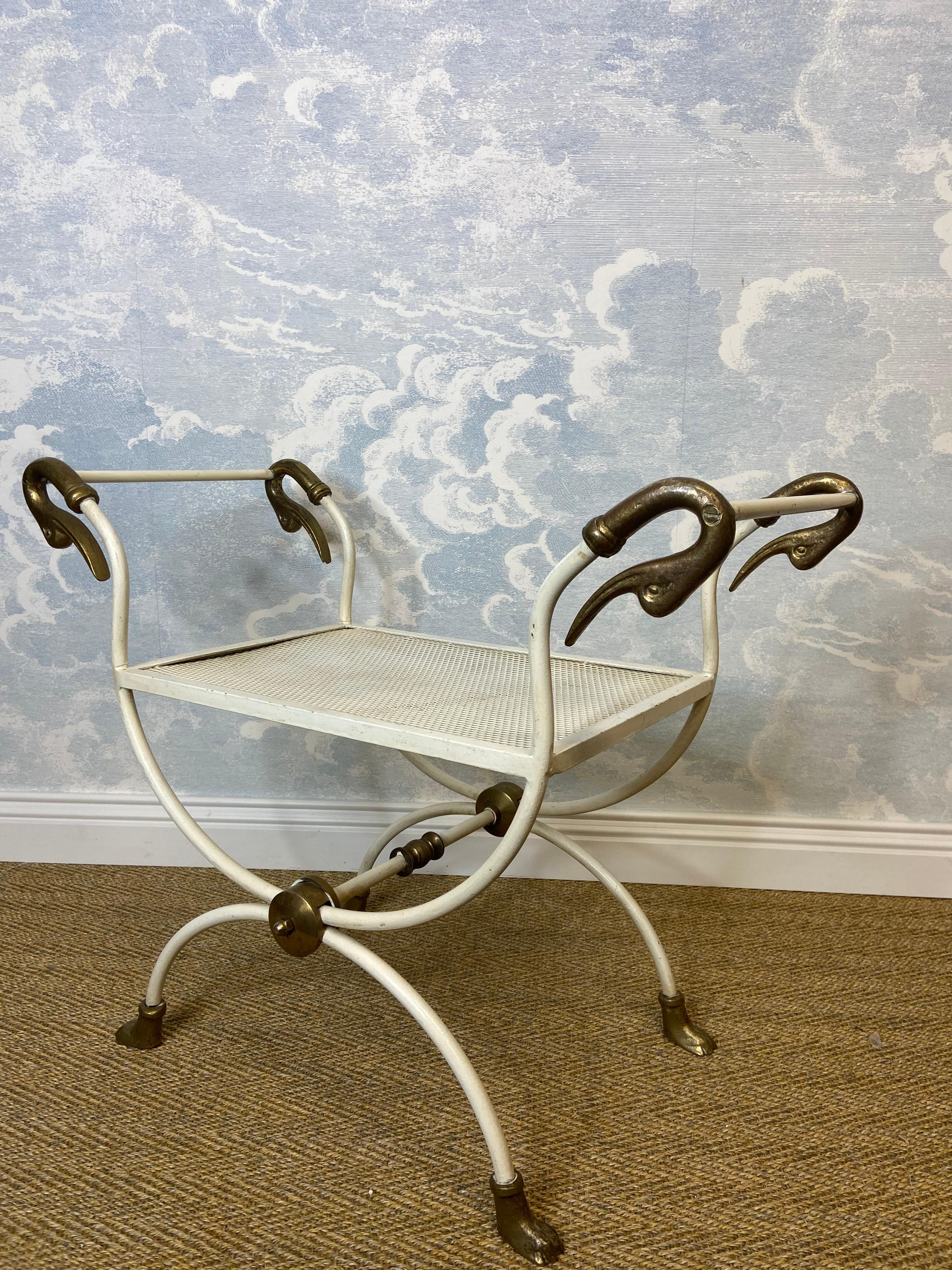 Metal Jansen Style Neo Classical Swan Neck Curule Seat. Side Table, Hollywood Regency For Sale