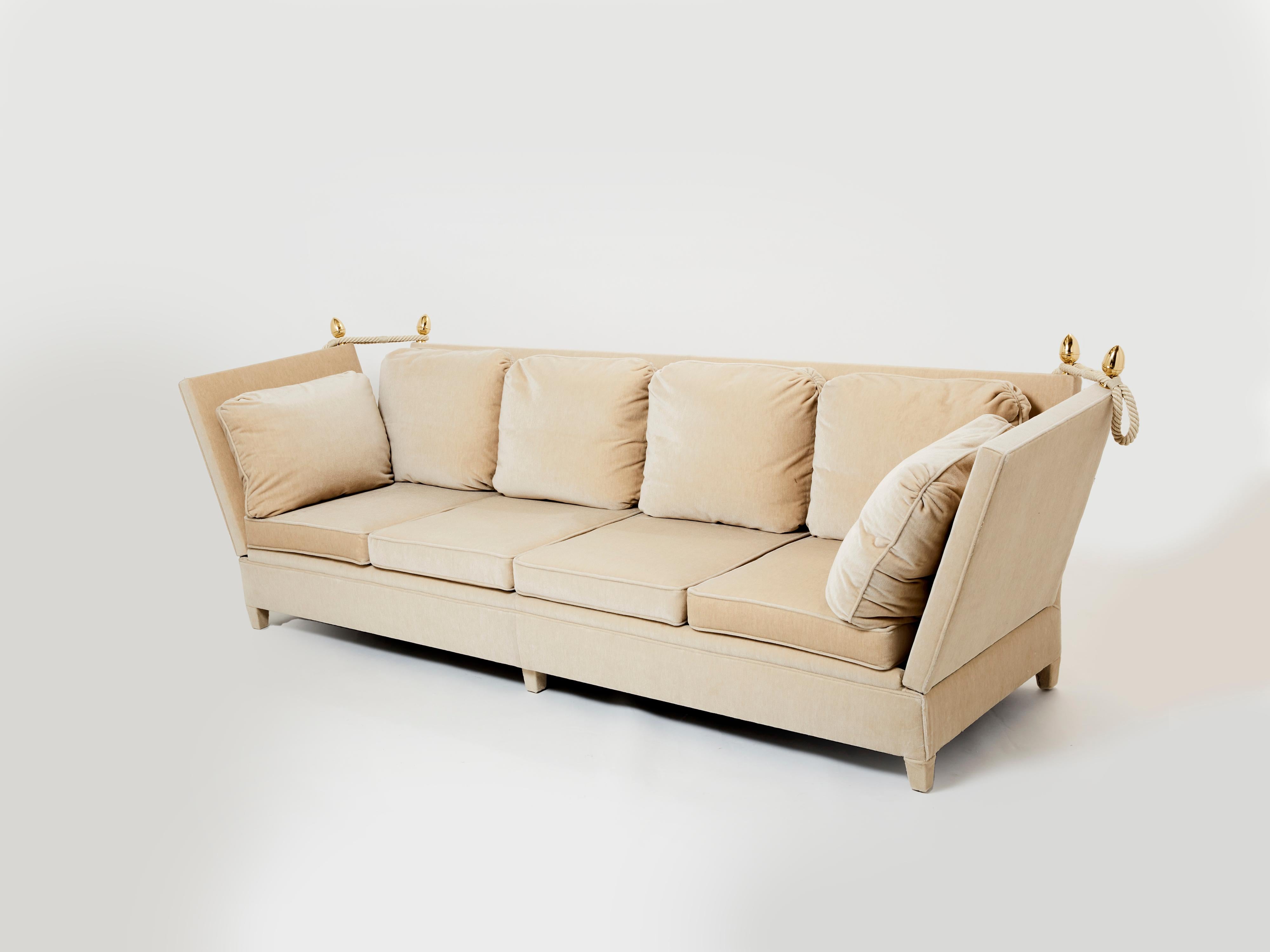 Mid-Century Modern Maison Jansen Neoclassical 4 Seater Sofa Mohair Velvet 1970s For Sale