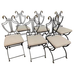 Maison Jansen Neoclassical Black Wrought Iron and Brass Lyre Back Chairs