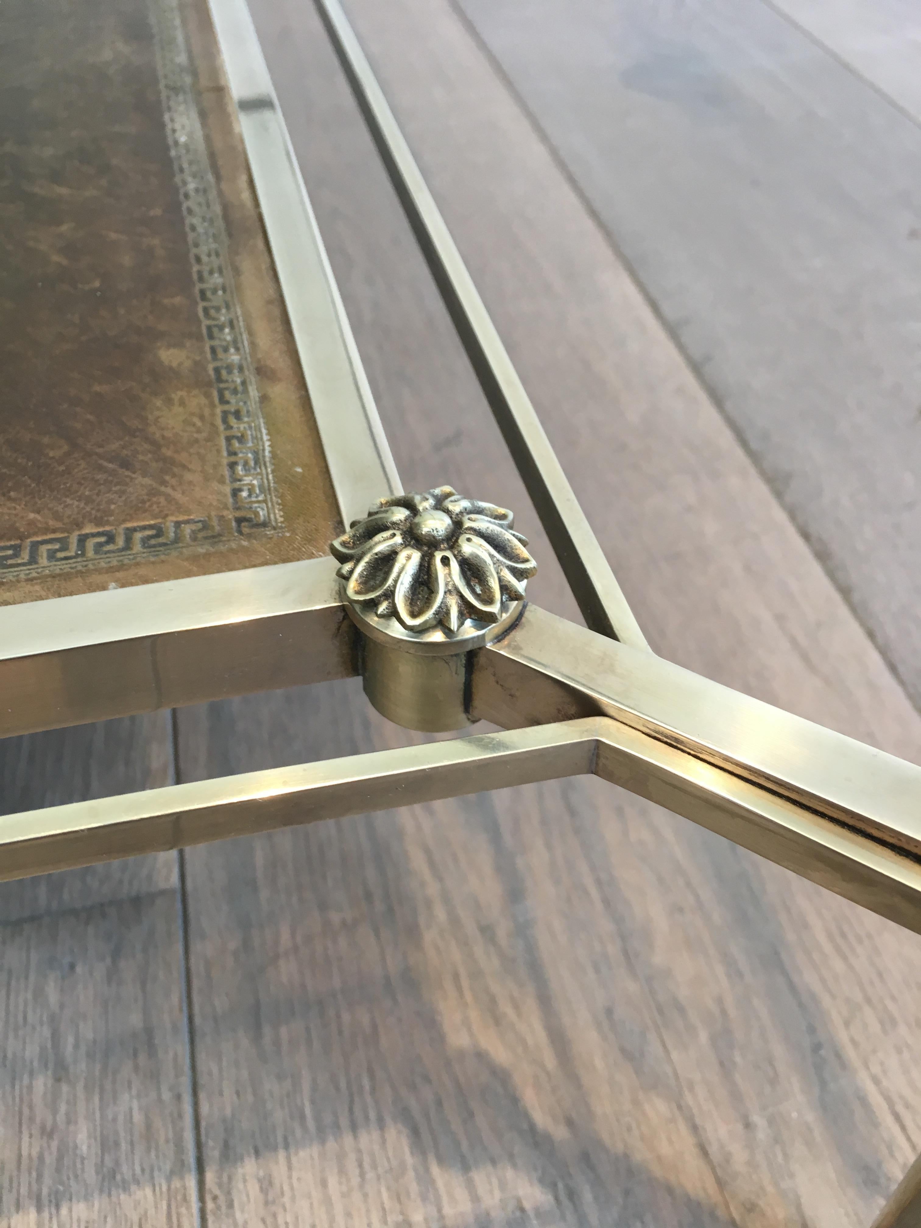 Maison Jansen, Neoclassical Brass and Brushed Steel Coffee Table with Leather 7