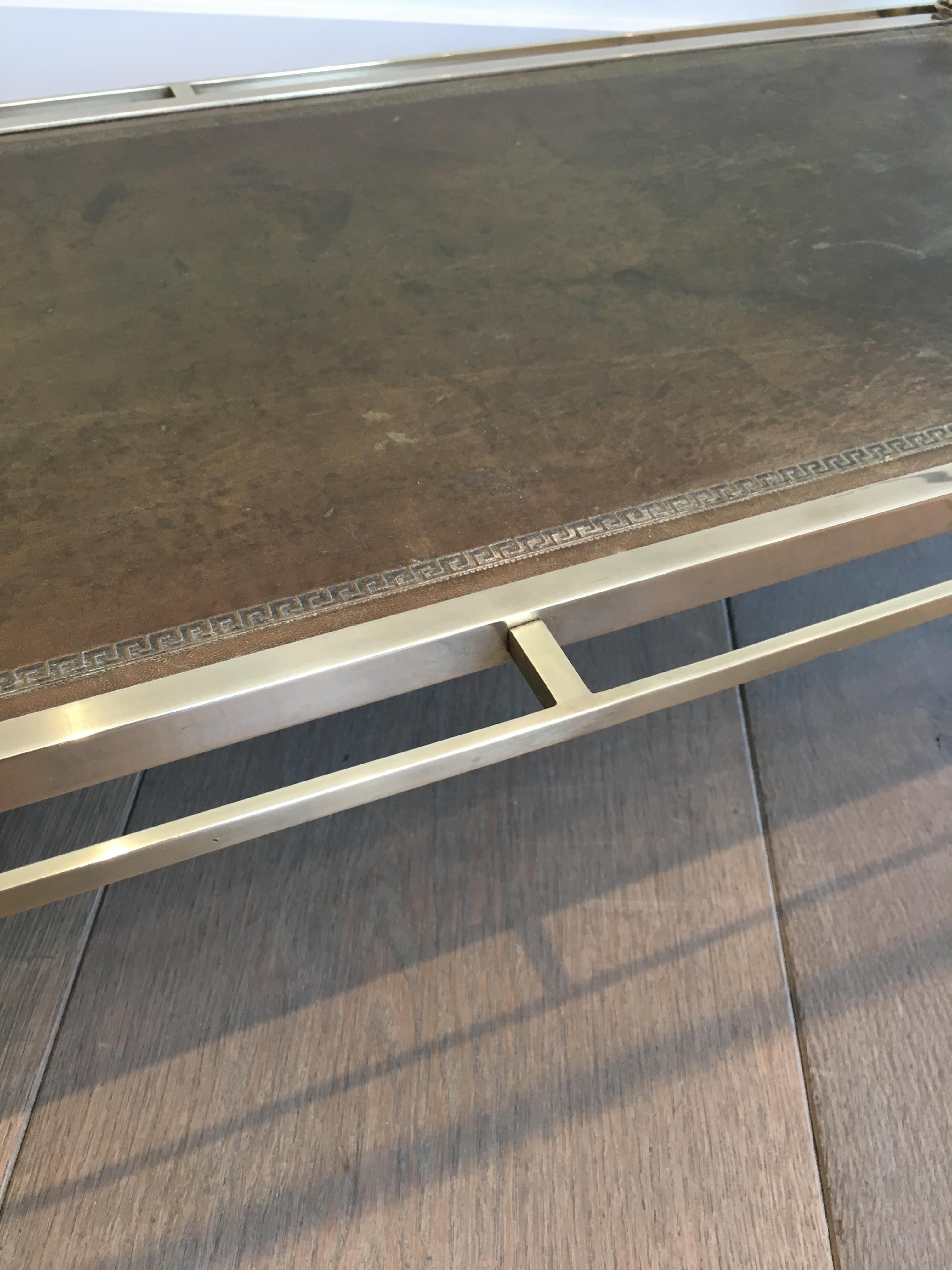 Maison Jansen, Neoclassical Brass and Brushed Steel Coffee Table with Leather 8