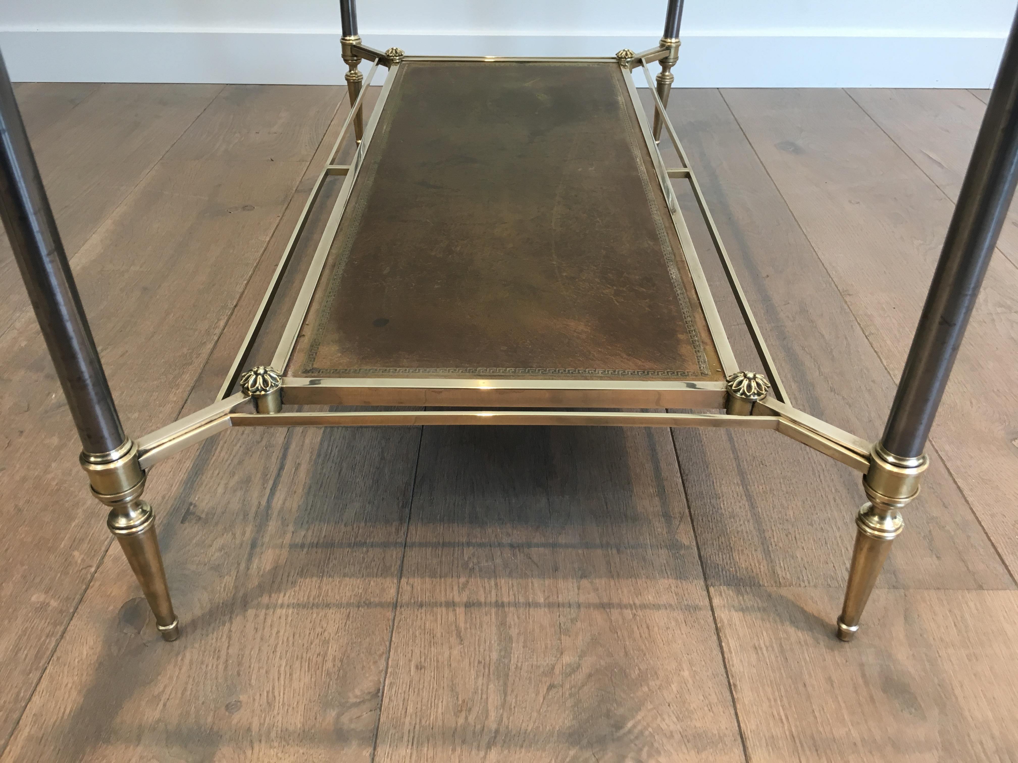 Maison Jansen, Neoclassical Brass and Brushed Steel Coffee Table with Leather 10