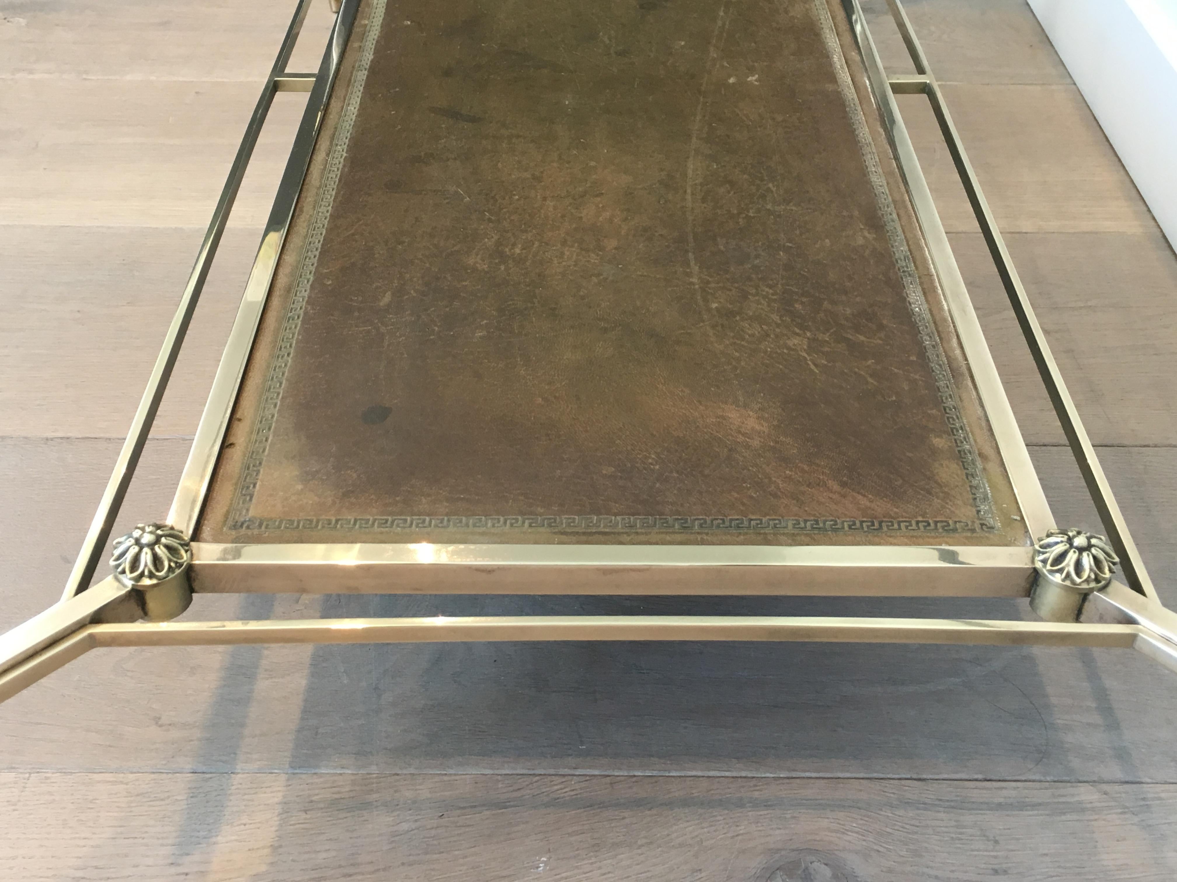 Maison Jansen, Neoclassical Brass and Brushed Steel Coffee Table with Leather 14