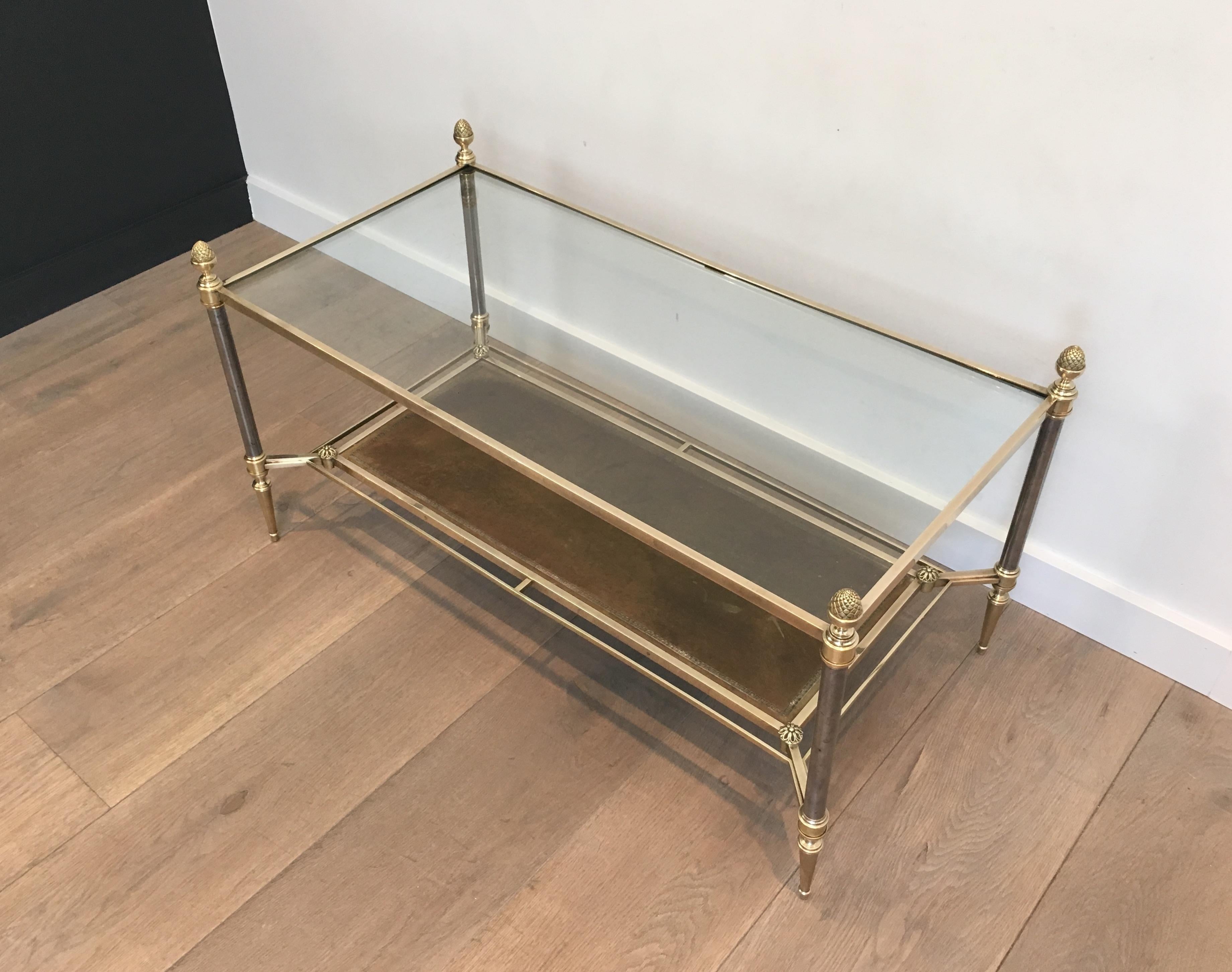Maison Jansen, Neoclassical Brass and Brushed Steel Coffee Table with Leather 15