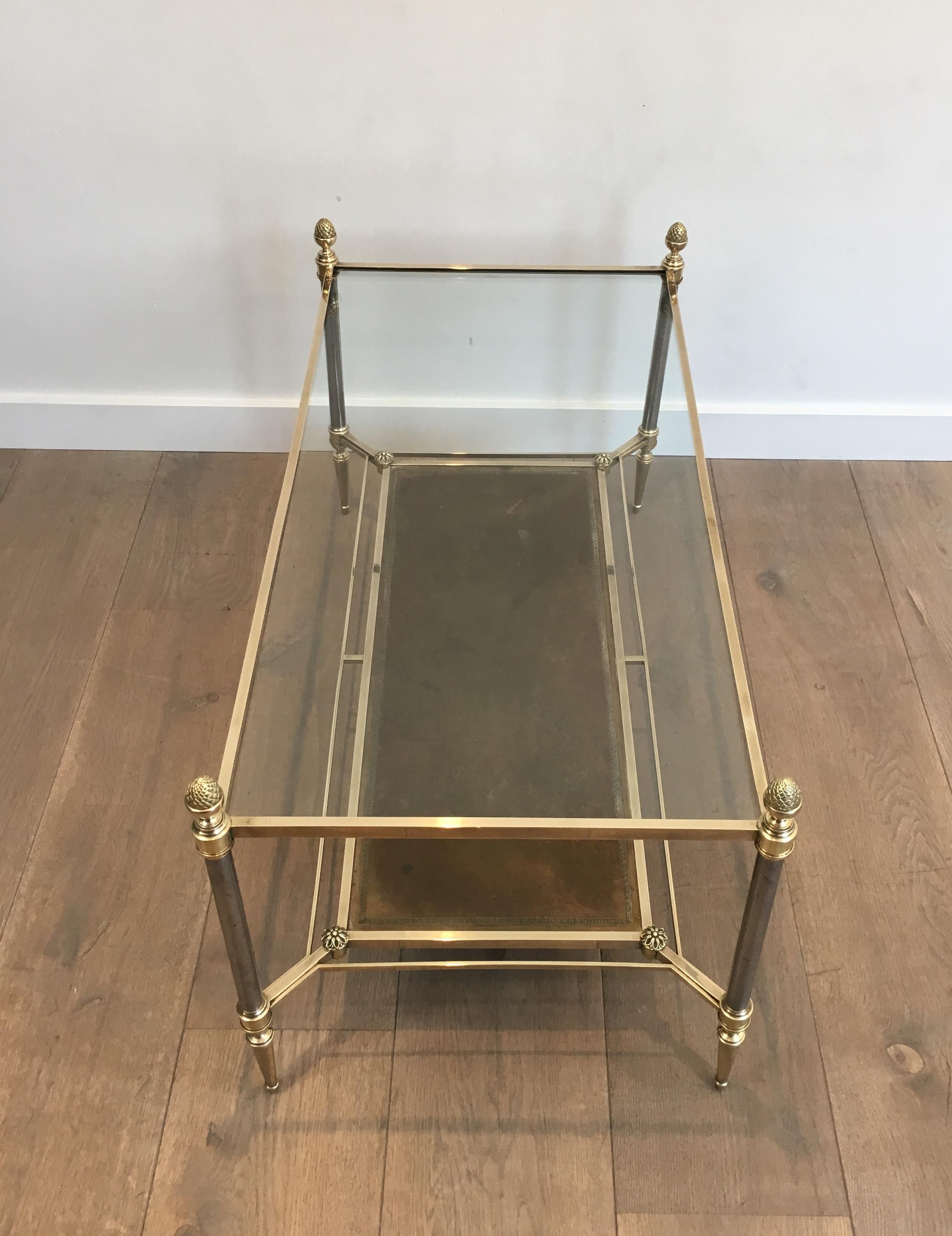French Maison Jansen, Neoclassical Brass and Brushed Steel Coffee Table with Leather