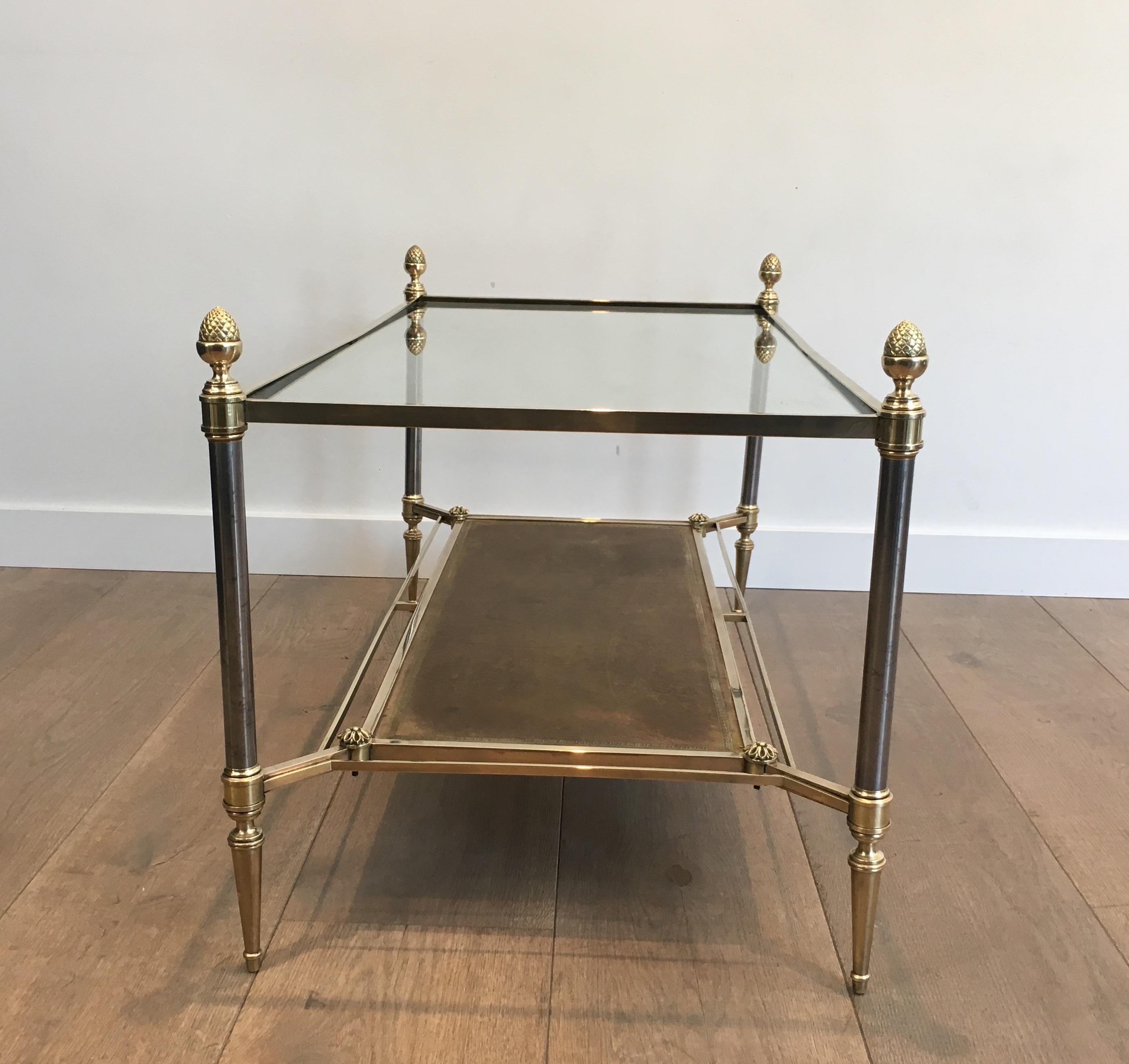 Maison Jansen, Neoclassical Brass and Brushed Steel Coffee Table with Leather In Good Condition In Marcq-en-Barœul, Hauts-de-France